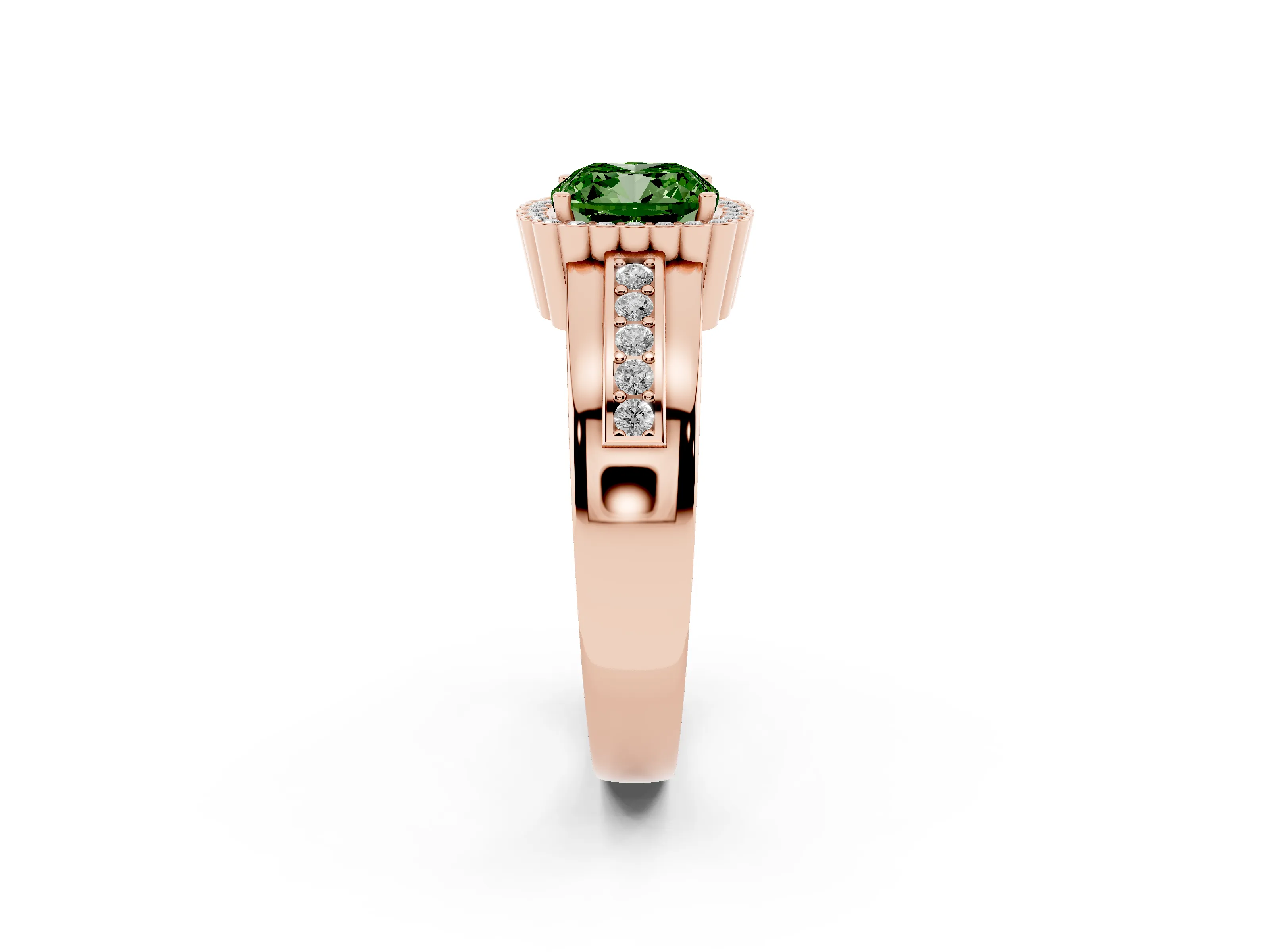 Fancy Green Cushion Cut Diamond Halo Prong Ring Set in Rose gold with Pavé Band