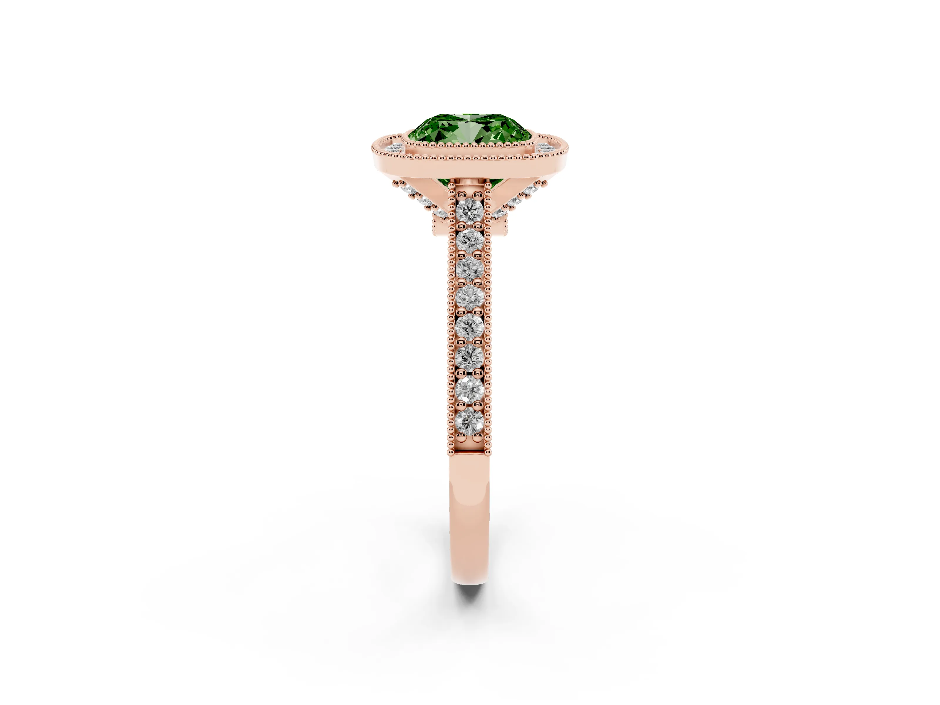 Fancy Green Cushion Cut Diamond Halo Milgrain Pavé Band Ring Set in Rose gold with Prong Setting