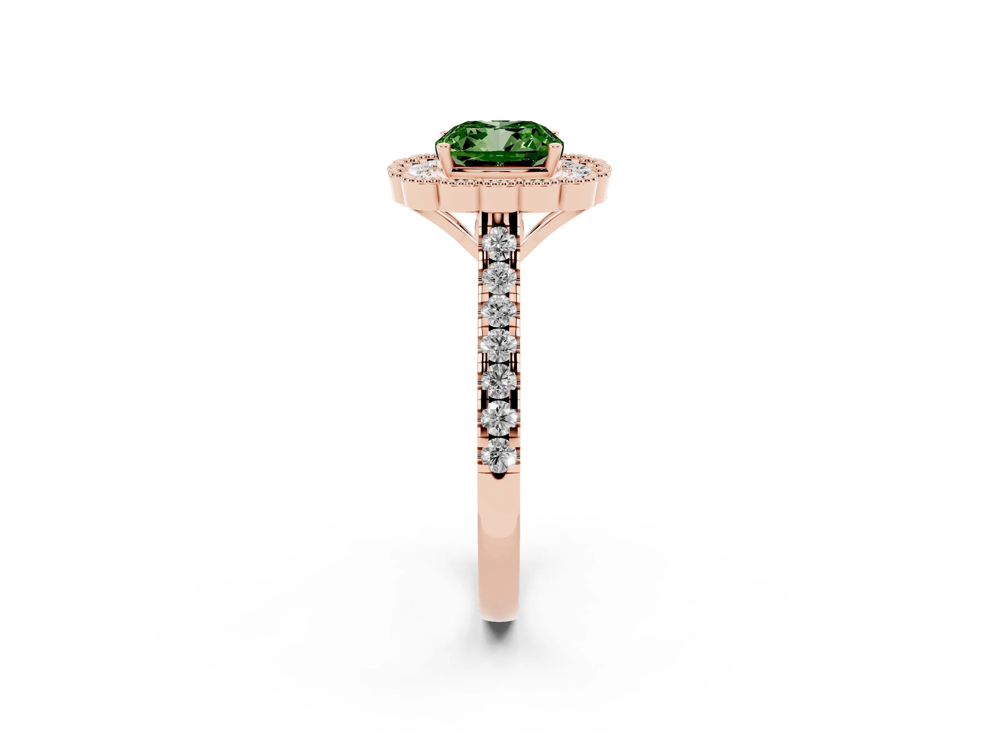 Fancy Green Cushion Cut Diamond Milgrain Floral Halo Engagement Ring Set in Rose gold with Pavé Band