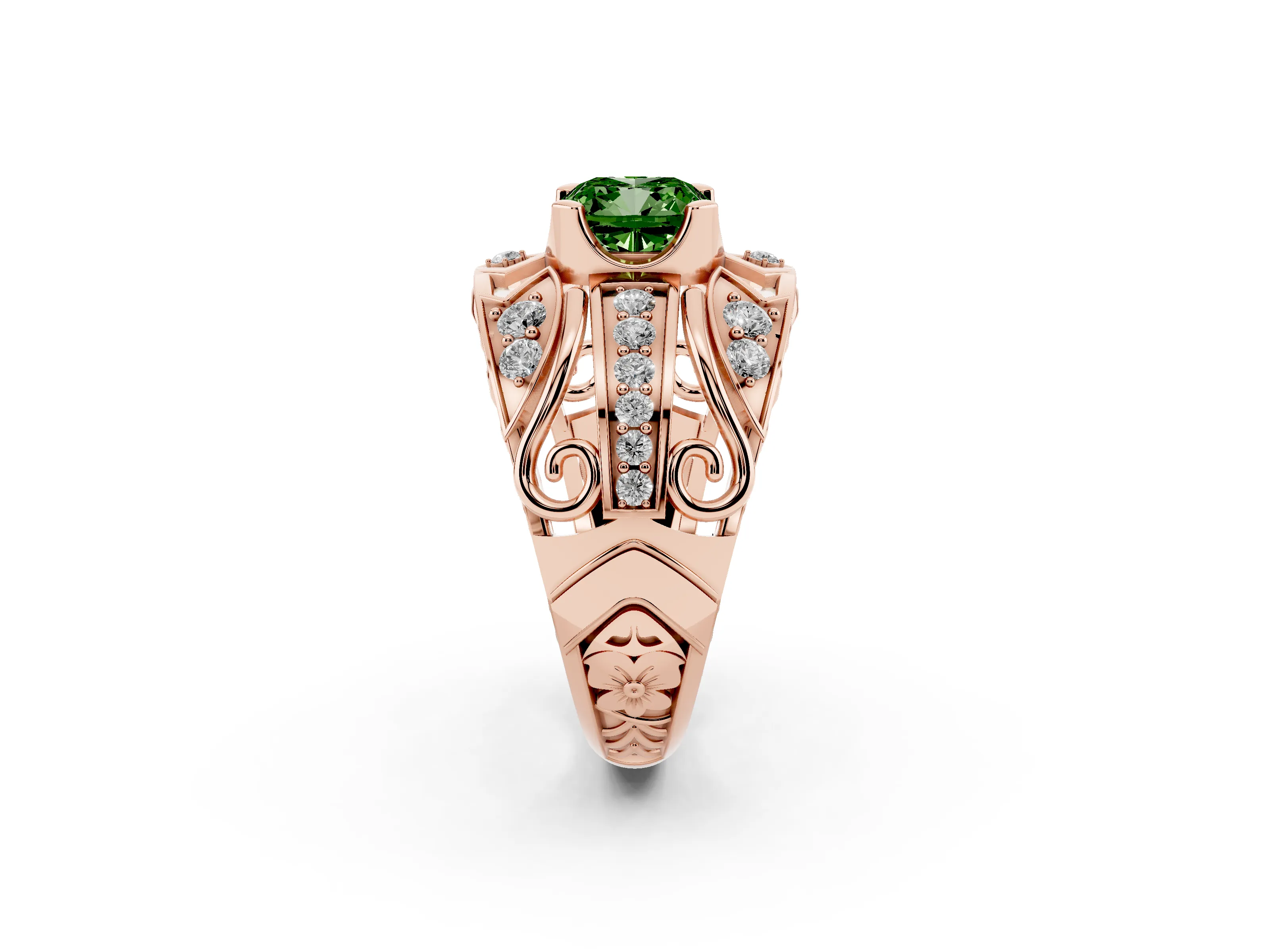 Fancy Green Cushion Cut Diamond Art Deco Ring Set in Rose gold with Pavé Split Shank