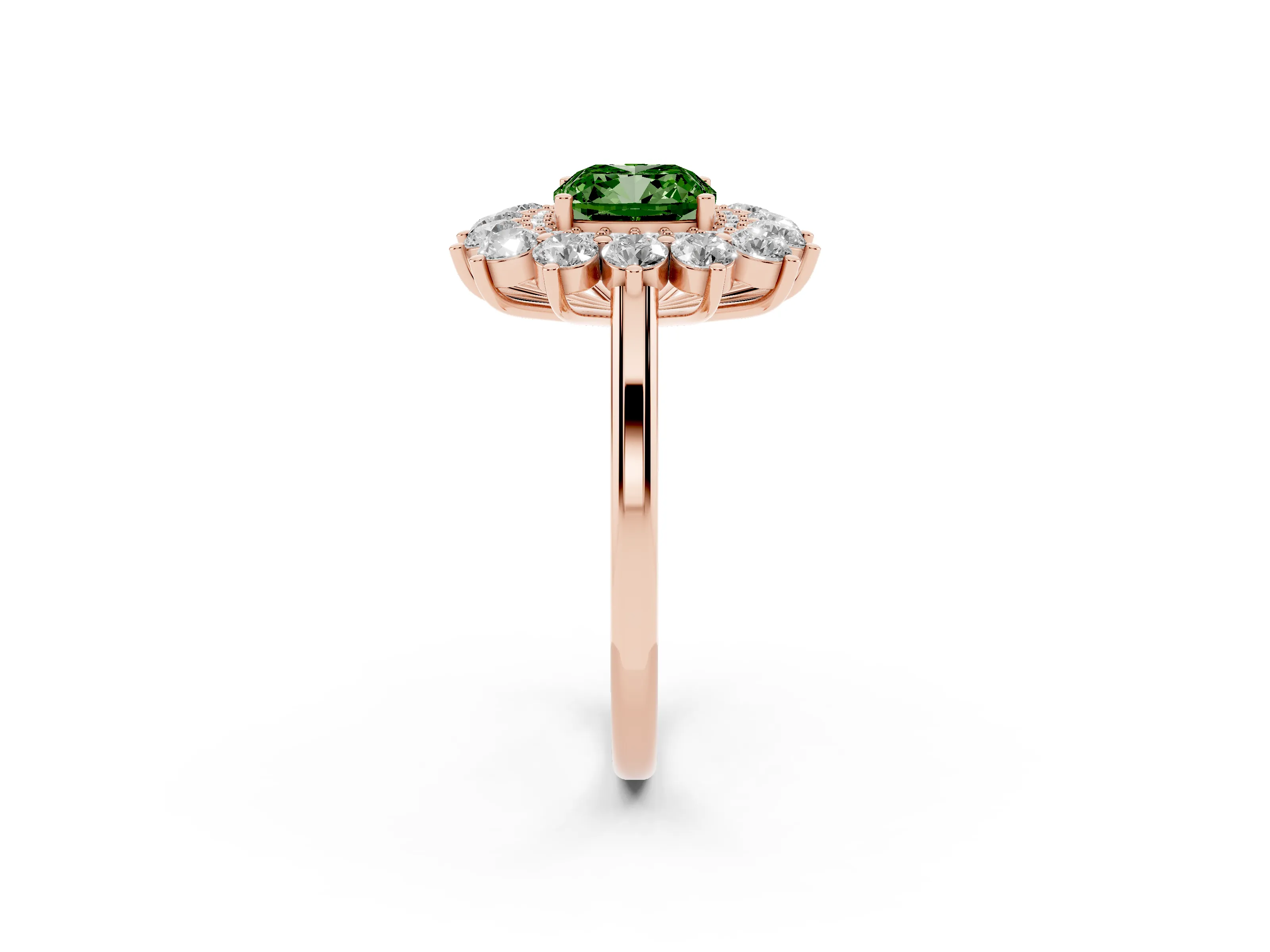 Fancy Green Cushion Cut Diamond Floral Double Halo Ring Set in Rose gold with Round Petals