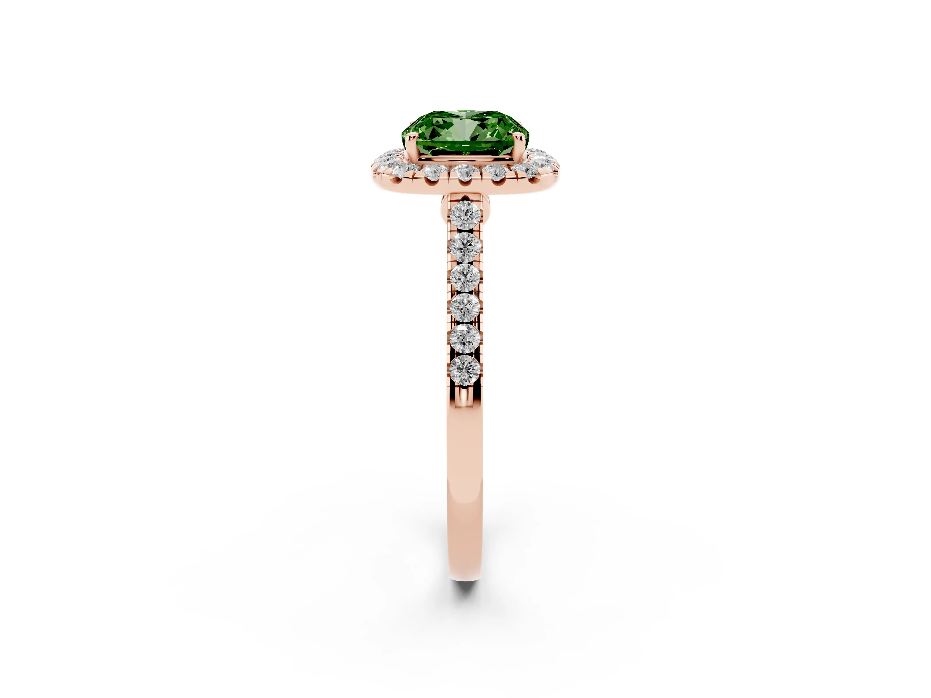Fancy Green Cushion Cut Diamond Halo Pavé Engagement Ring Set in Rose gold with Prong Setting
