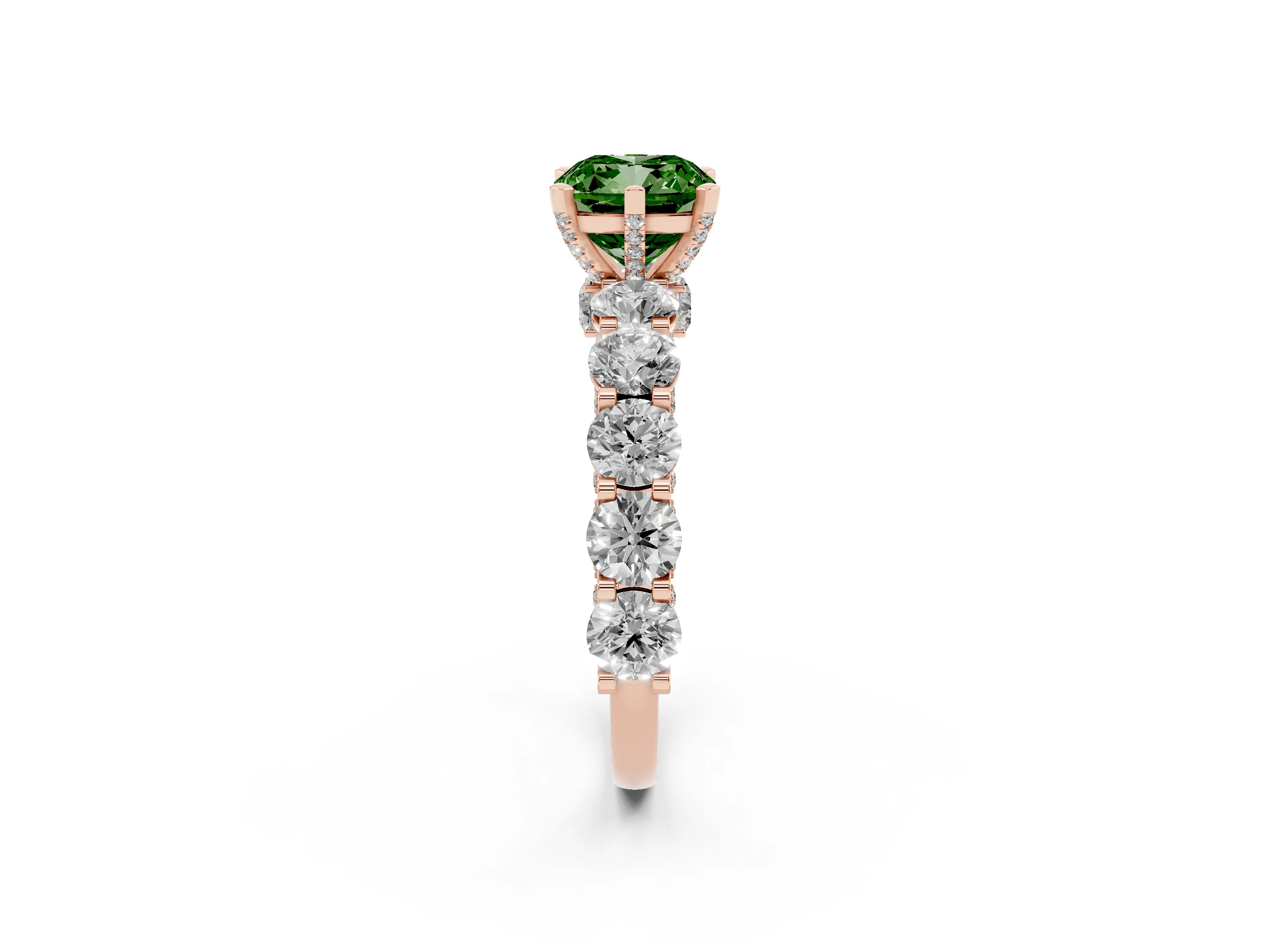 Fancy Green Cushion Cut Diamond Side Stone Ring Set in Rose gold with Alternating Round and Oval Side Stones