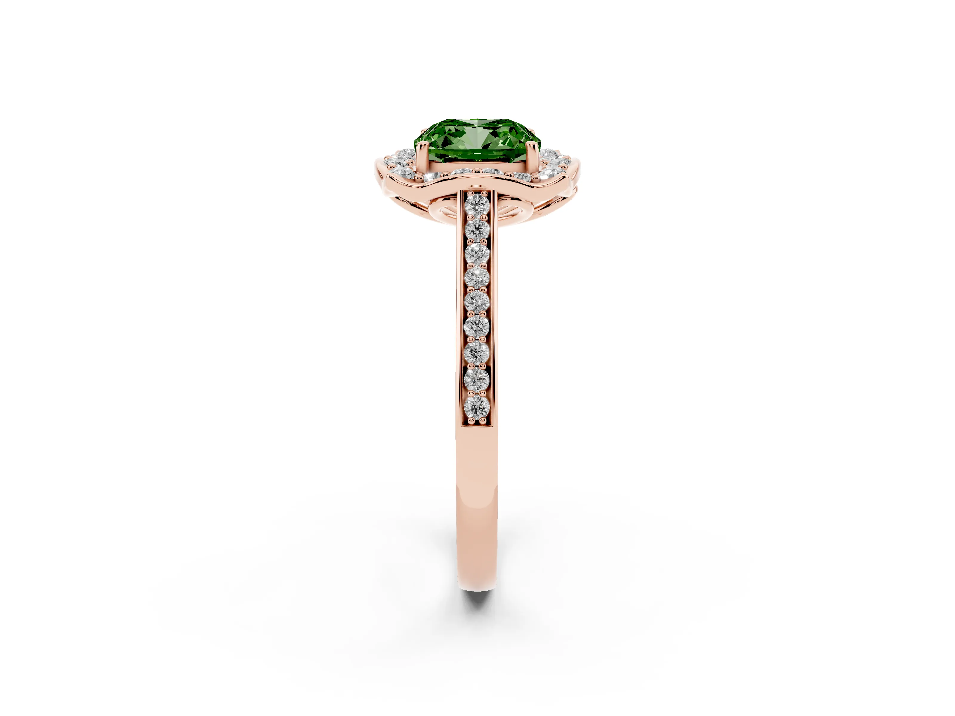 Fancy Green Cushion Cut Diamond Halo Ring Set in Rose gold with Pavé-Lined Shoulders and Prong Setting