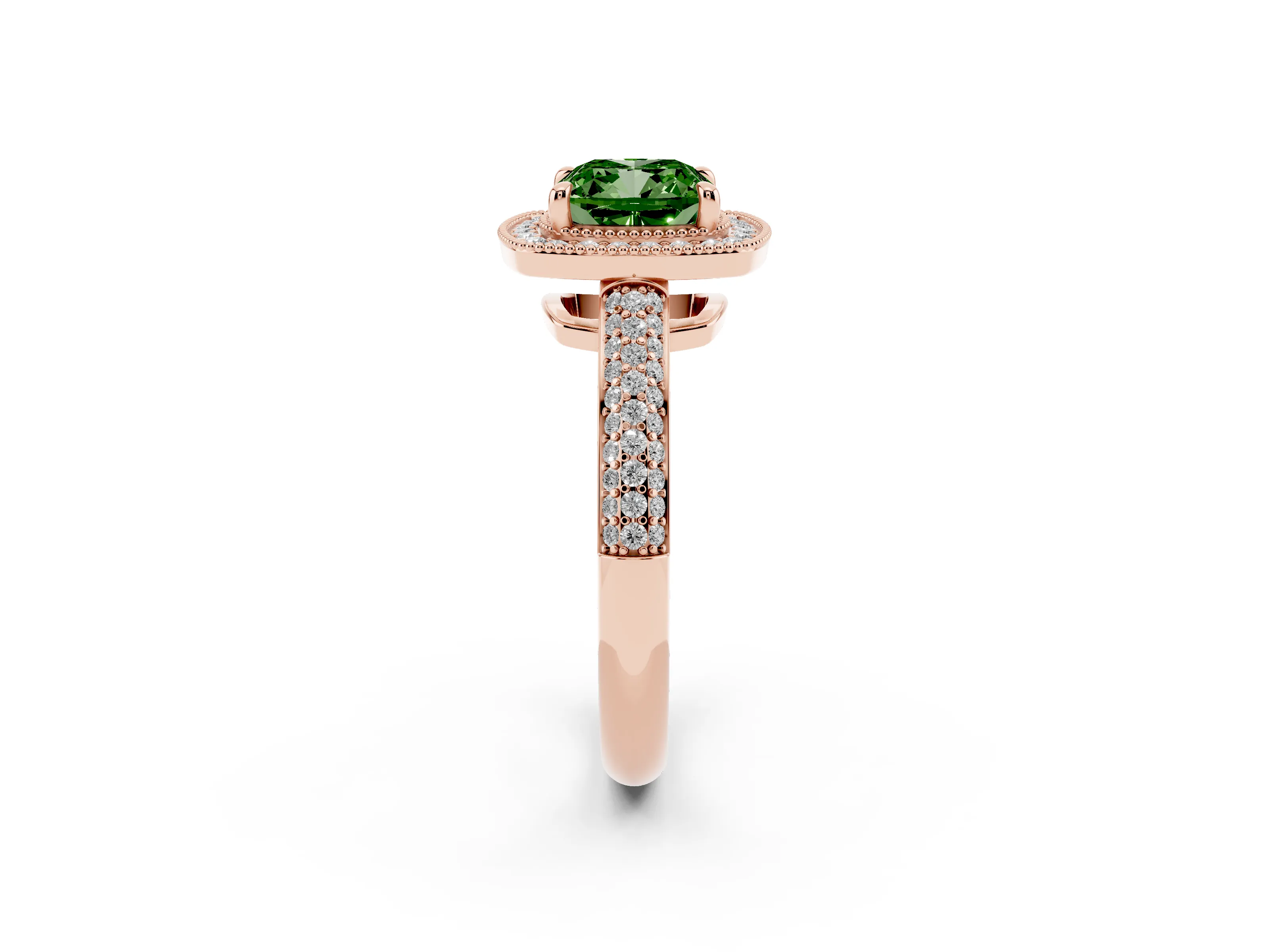 Fancy Green Cushion Cut Diamond Halo Pavé Band Set in Rose gold with Prong Setting