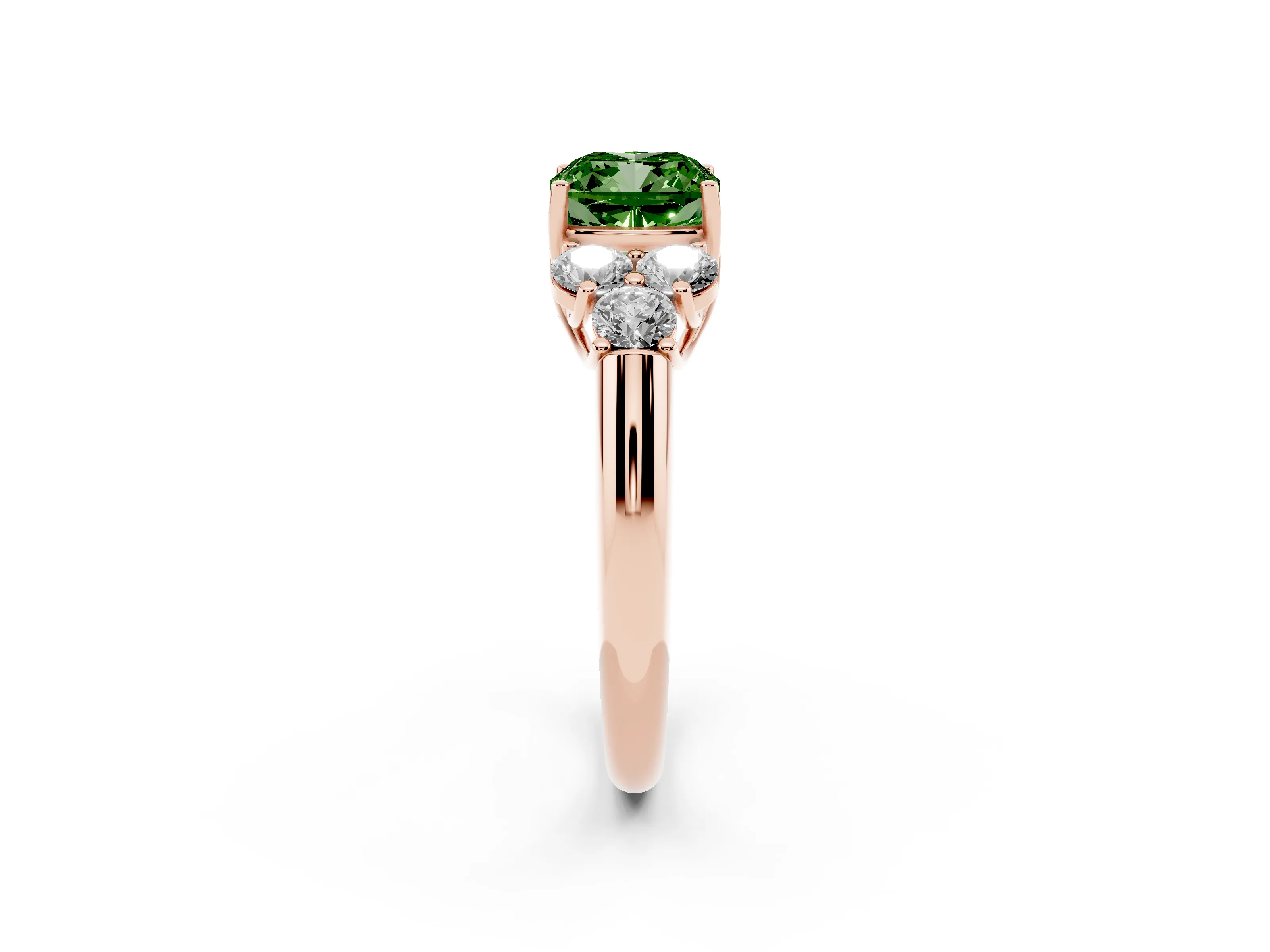 Fancy Green Cushion Cut Diamond Cluster Ring Set in Rose gold with Round Accent Stones and Prong Setting on a Plain Band