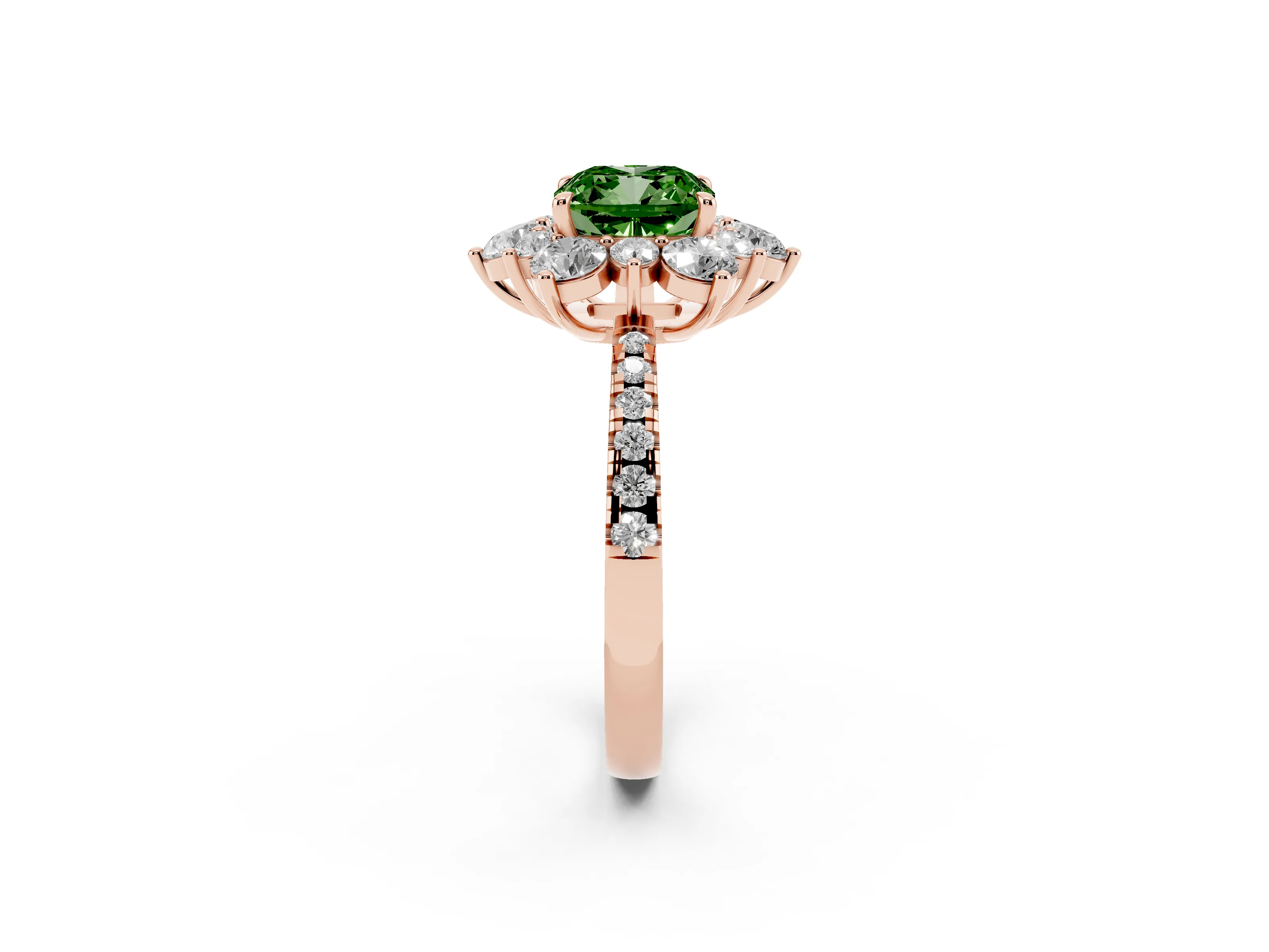 Fancy Green Cushion Cut Diamond Floral Halo Ring Set in Rose gold with Round Pavé Band and Prong Setting