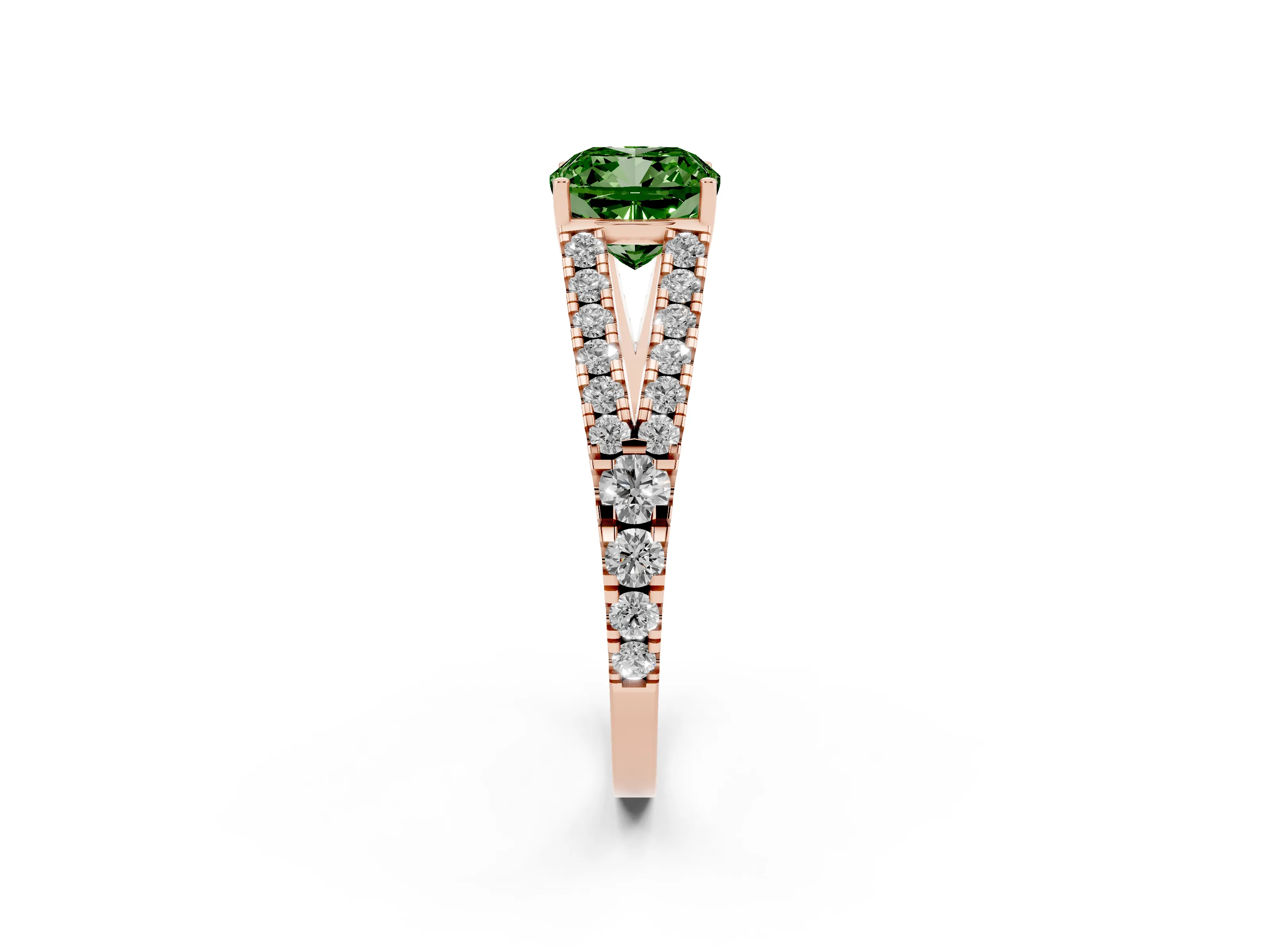 Fancy Green Cushion Cut Diamond Split Shank Pavé Engagement Ring Set in Rose gold with Prong-Held Center Stone