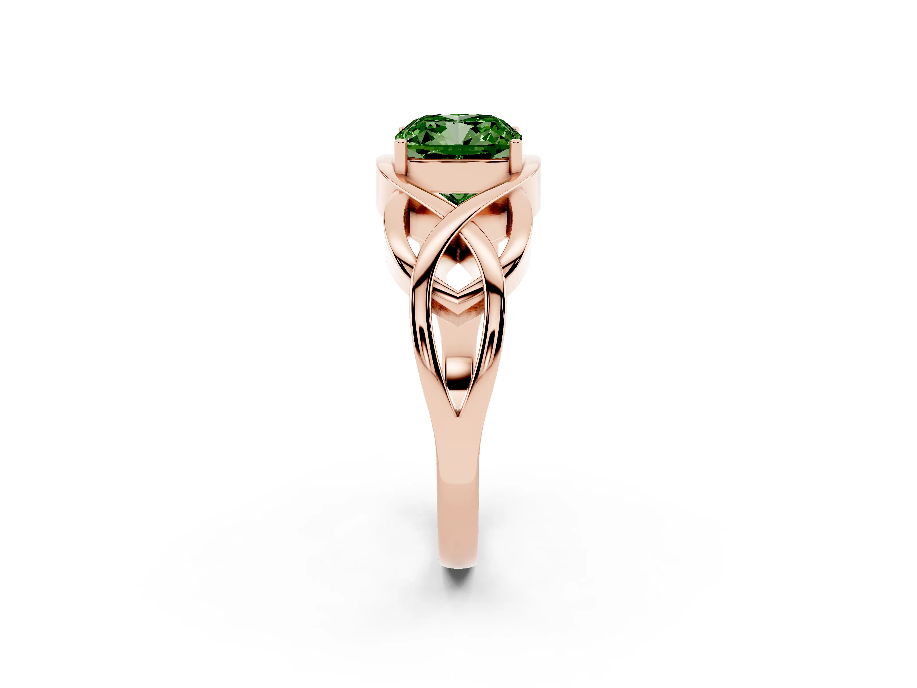 Fancy Green Cushion Cut Diamond Solitaire Ring Set in Rose gold with Intertwined Band