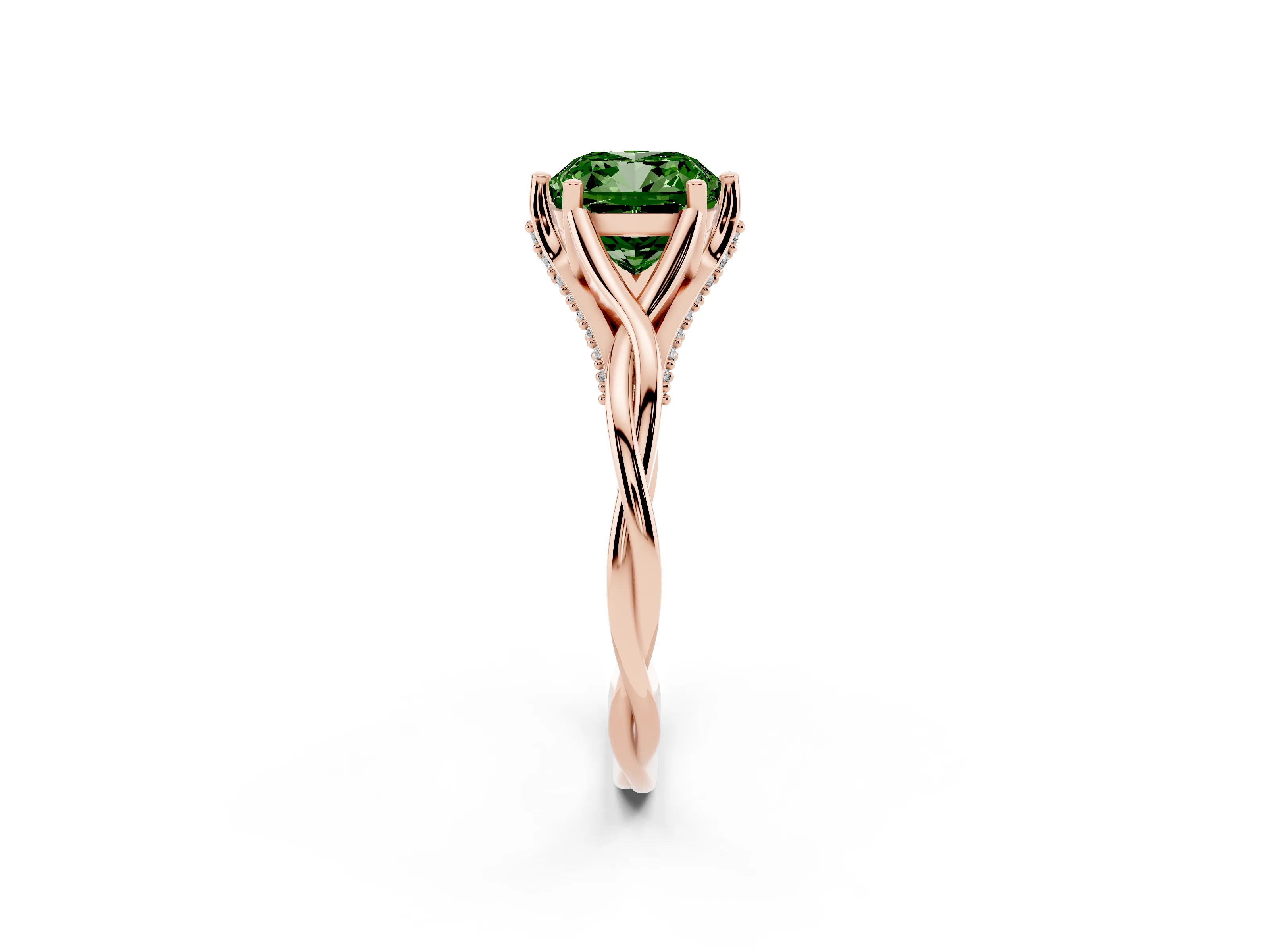 Fancy Green Cushion Cut Diamond Intertwined Twist Band Solitaire Ring Set in Rose gold with Prong Setting