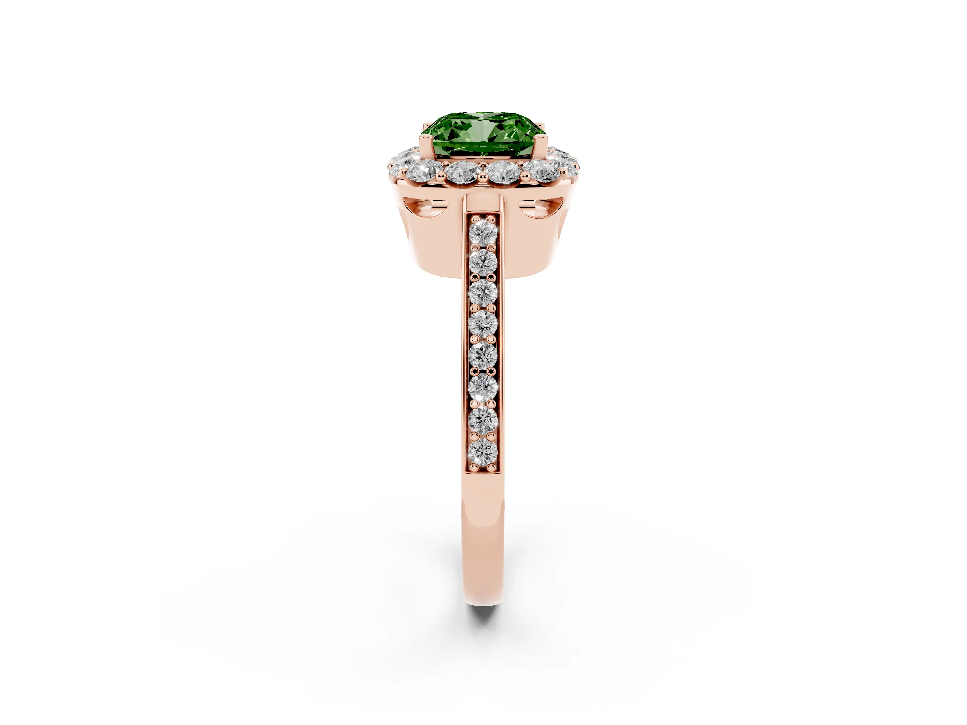 Fancy Green Cushion Cut Diamond Floral Halo Ring Set in Rose gold with Pavé Band and Prong Setting
