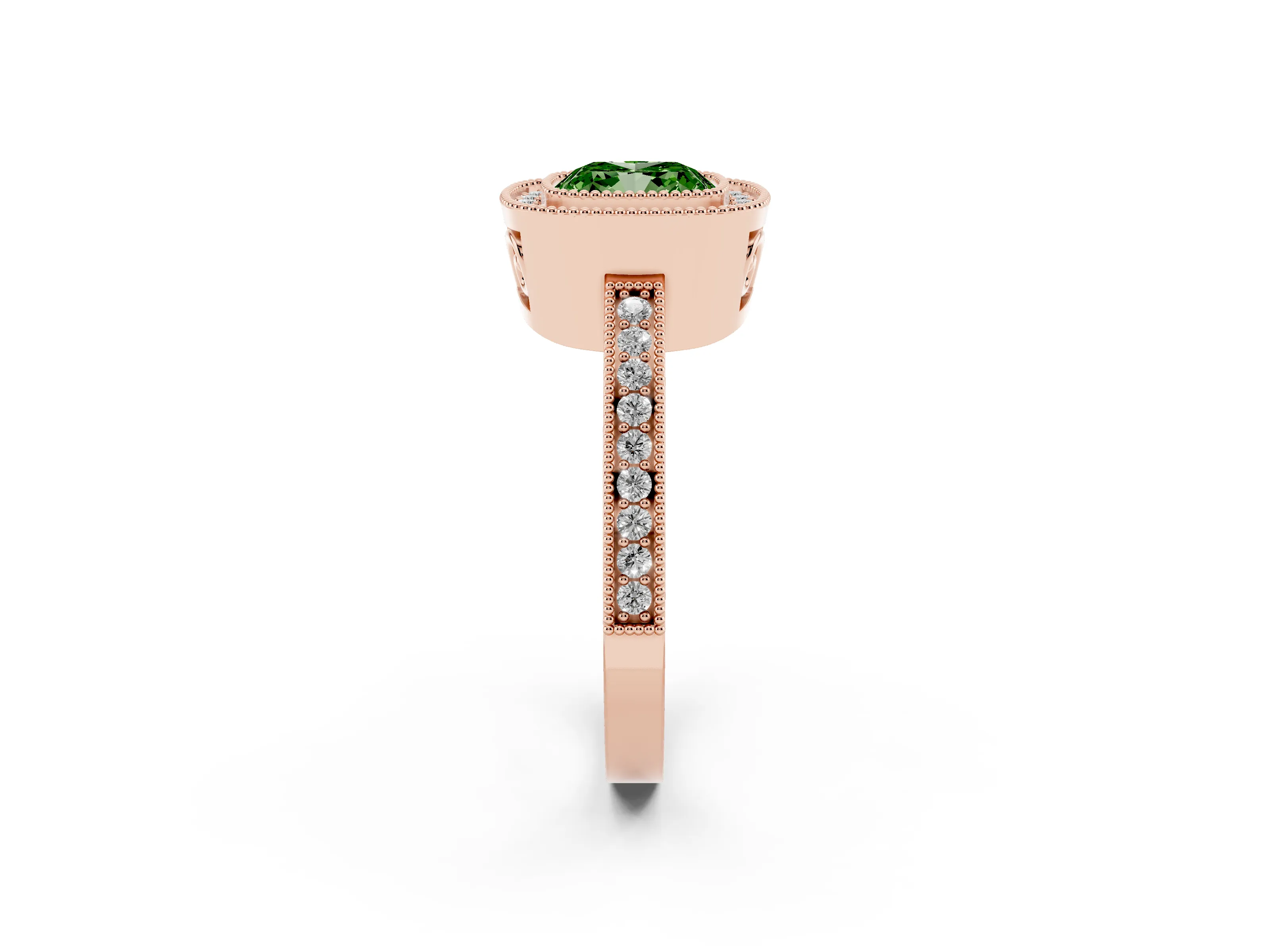 Fancy Green Cushion Cut Diamond Round Halo Ring Set in Rose gold with Pavé Band