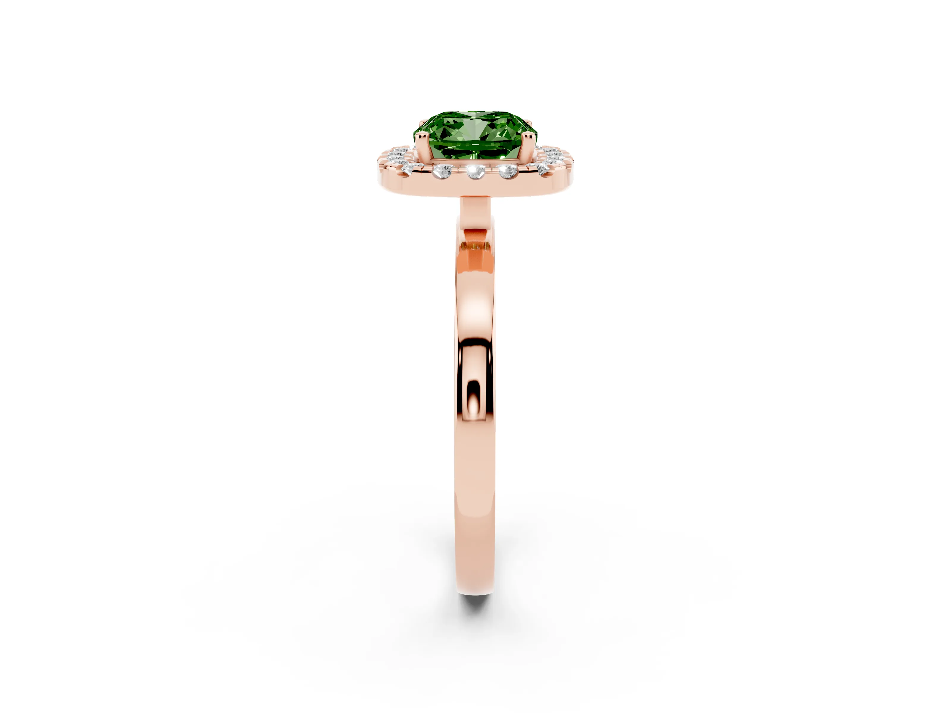 Fancy Green Cushion Cut Diamond Halo Solitaire Ring Set in Rose gold with Pavé Band and Prong Setting
