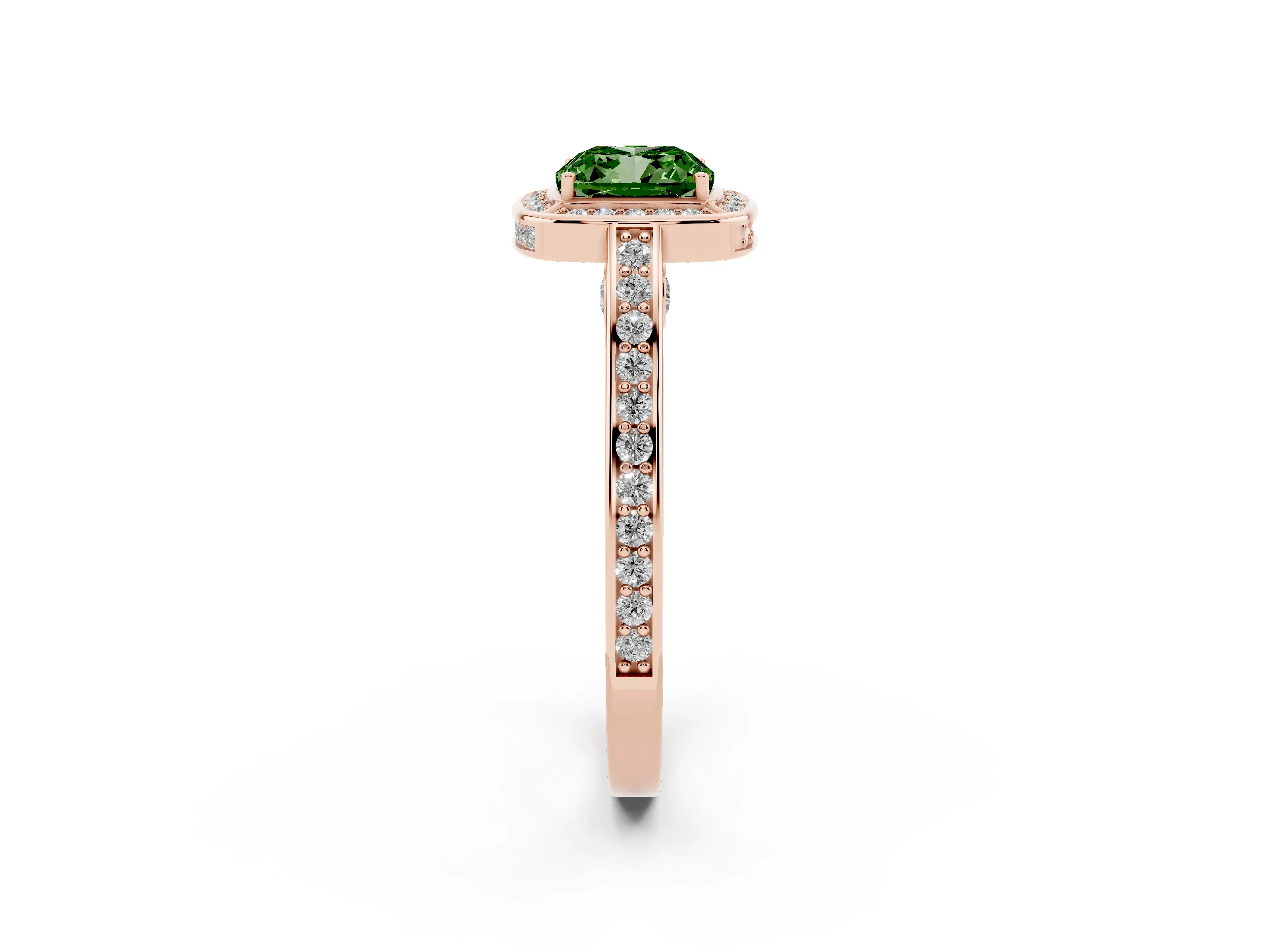 Fancy Green Cushion Cut Diamond Halo Pavé Split Shank Ring Set in Rose gold with Prong Setting