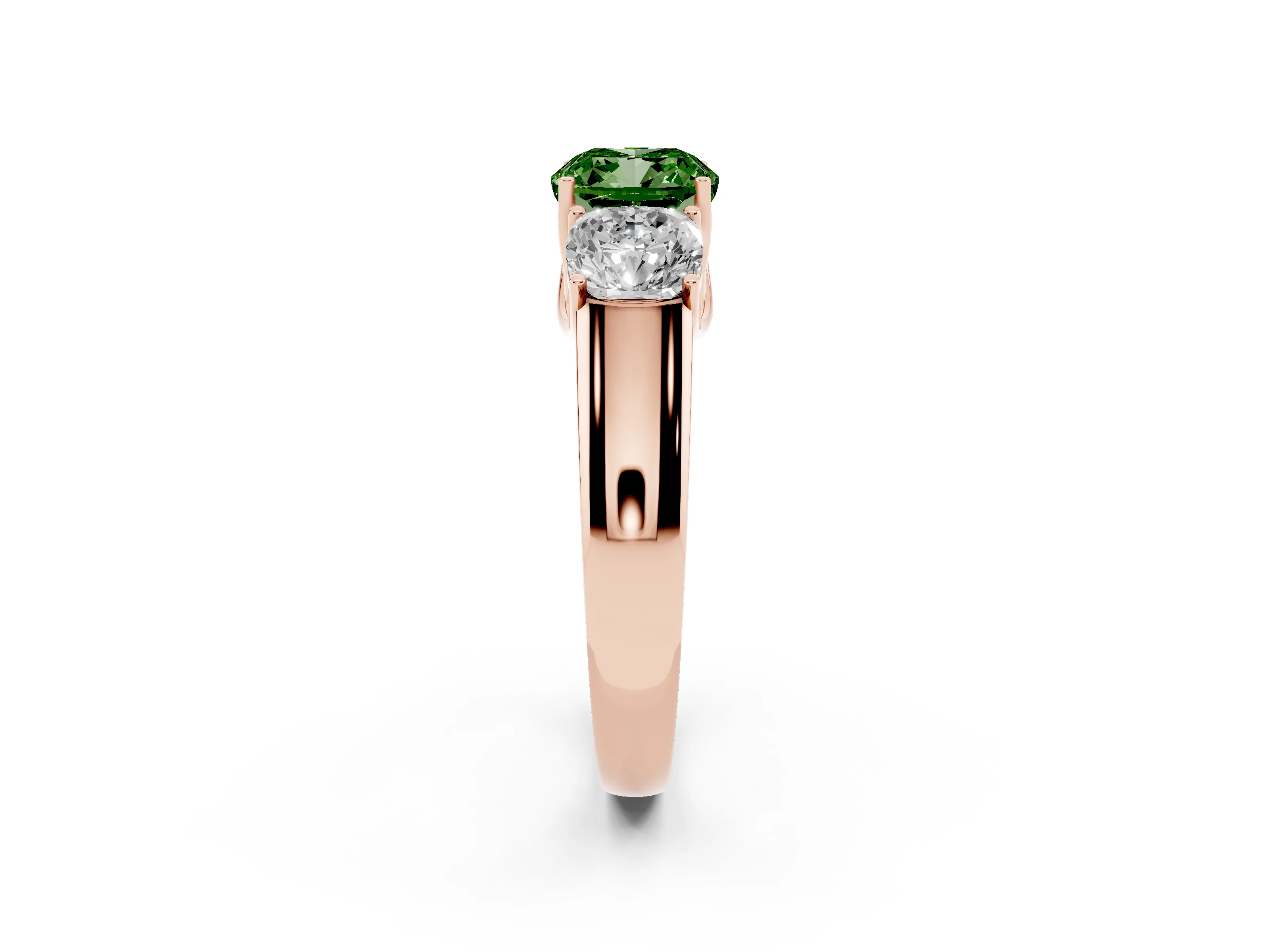 Fancy Green Three-Stone Cushion Cut Diamond Ring Set in Rose gold with Matching Prong Settings and Plain Band