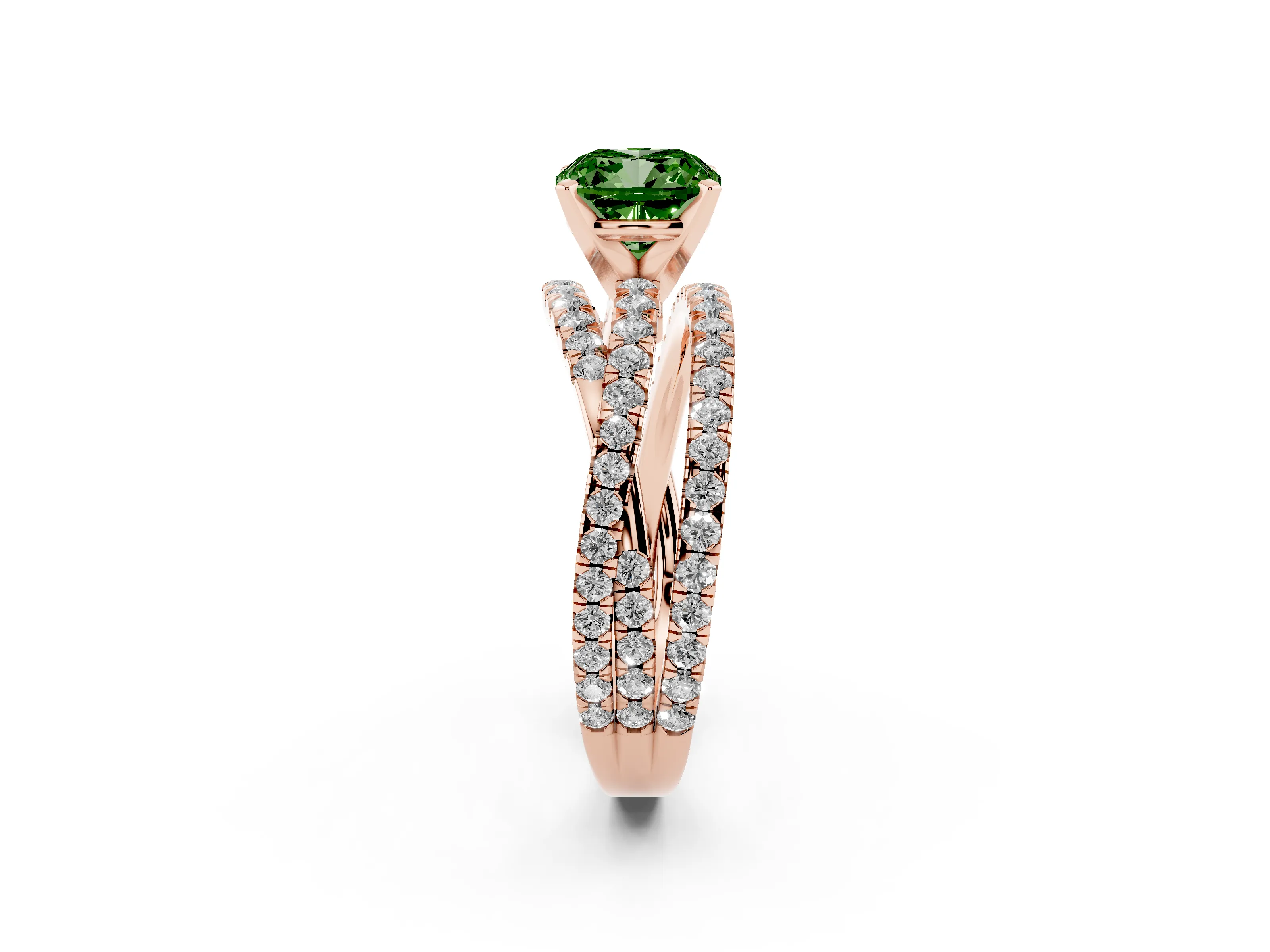 Fancy Green Cushion Cut Diamond Solitaire Twist Band Ring Set in Rose gold with Pavé Setting and Prong Head