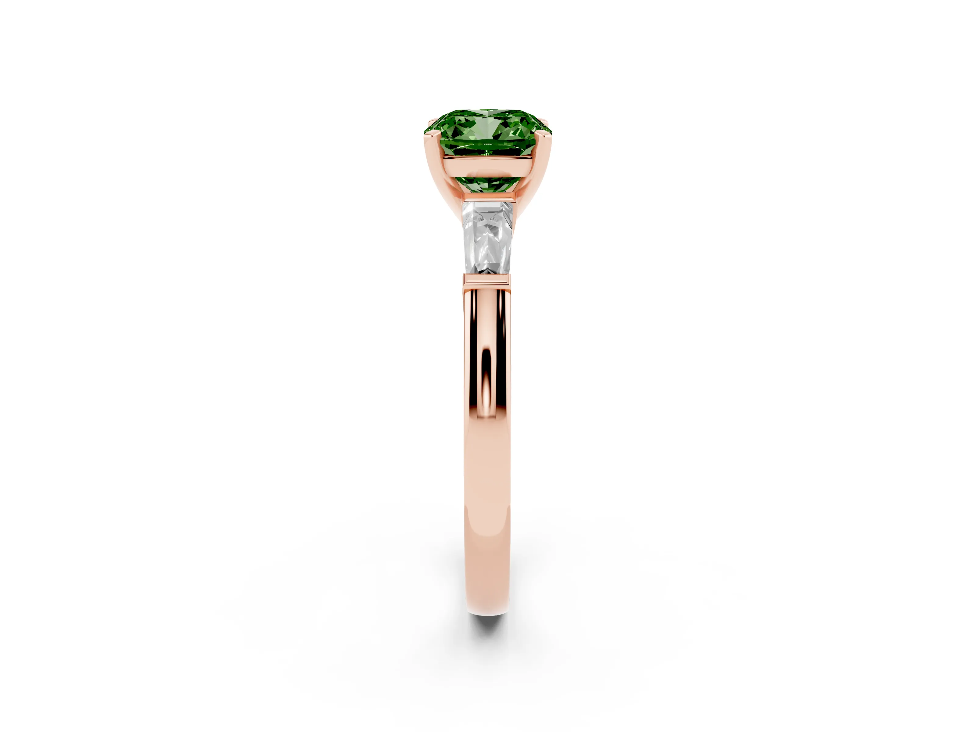 Fancy Green Cushion Cut Diamond Solitaire Ring Set in Rose gold with Tapered Baguette Side Stones and Prong Setting