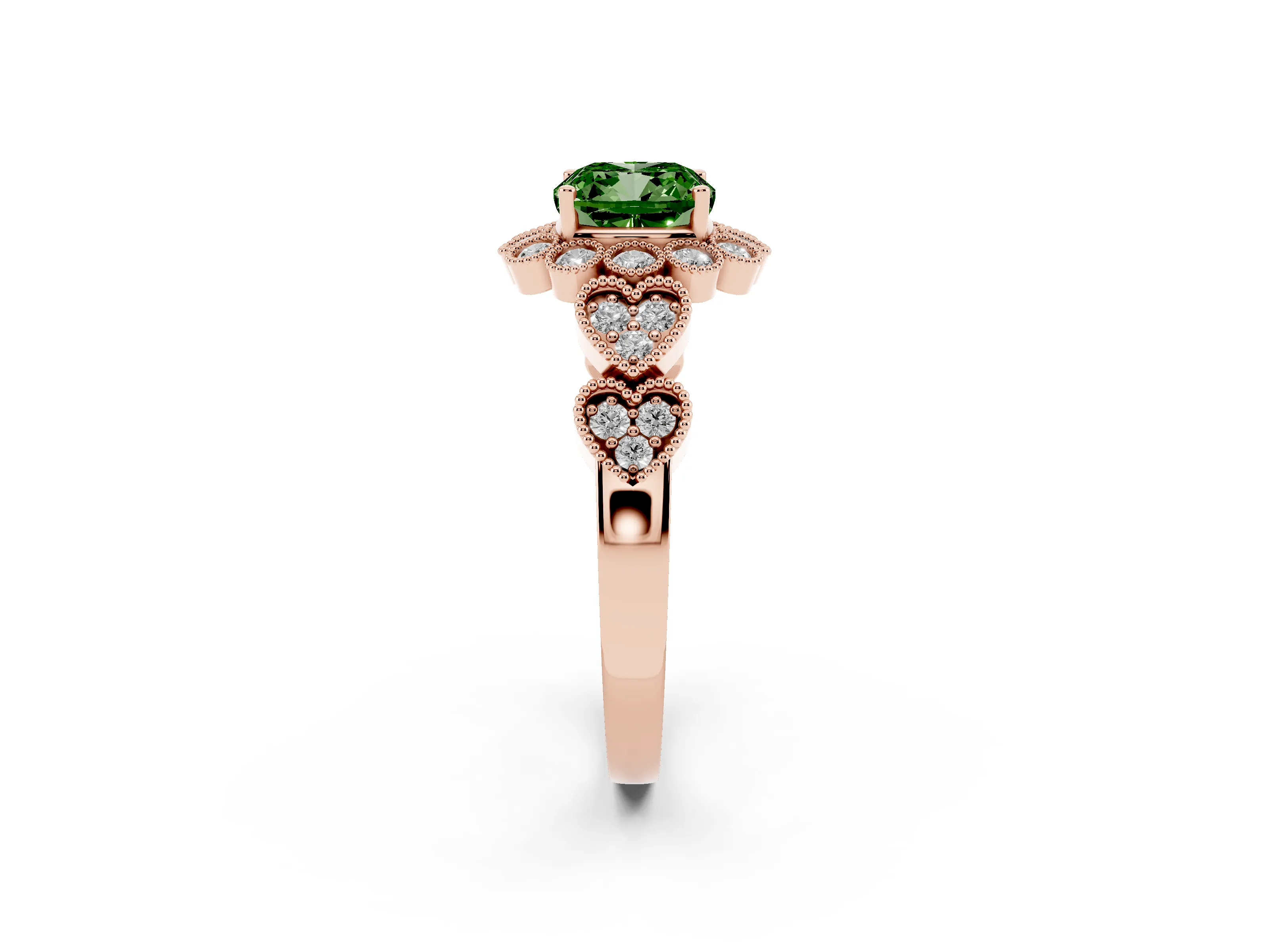 Fancy Green Cushion Cut Diamond Solitaire Ring Set in Rose gold with Milgrain Pavé Heart Band