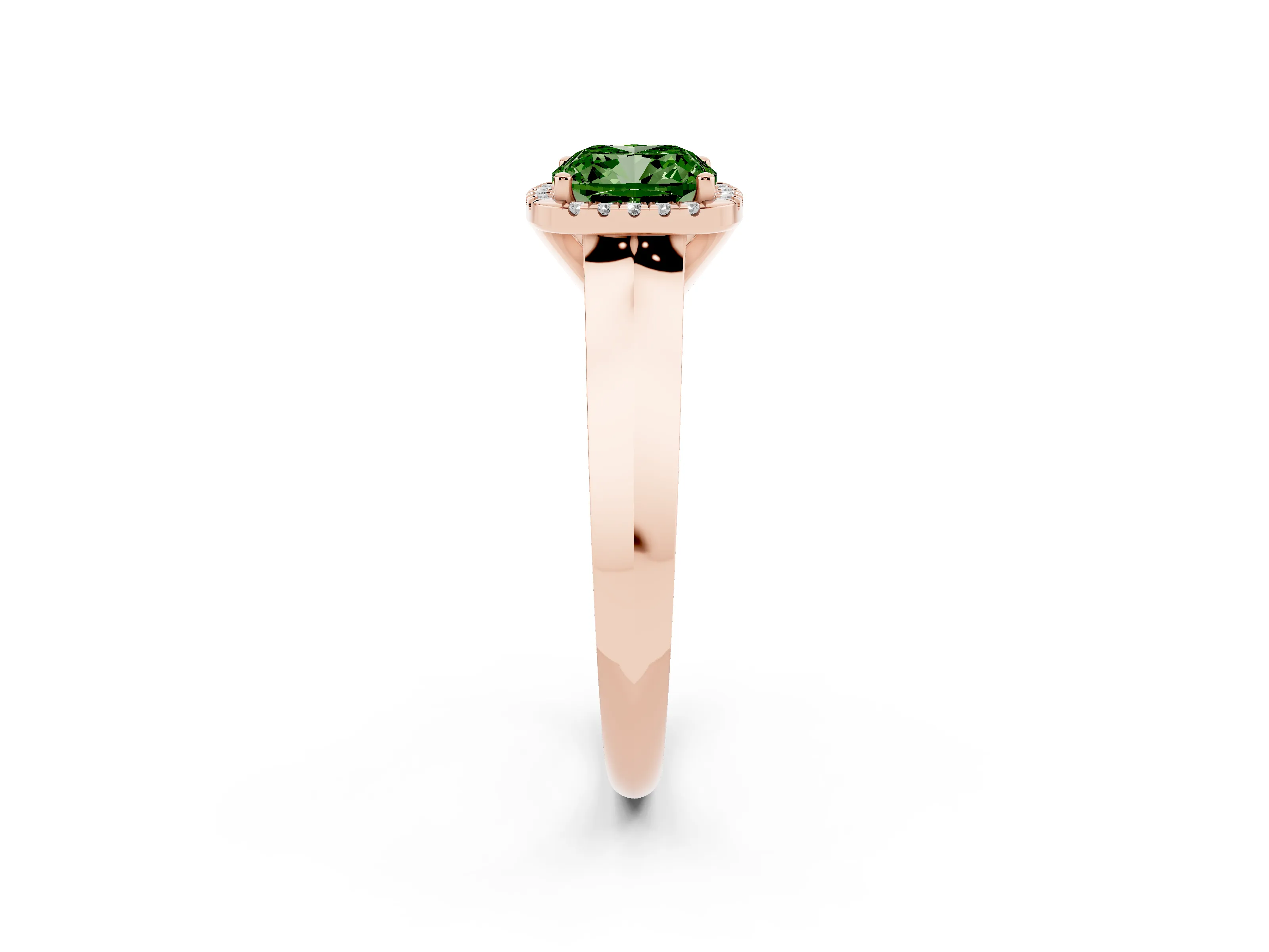 Fancy Green Cushion Cut Diamond Halo Ring Set in Rose gold with Cathedral Band and Prong Setting
