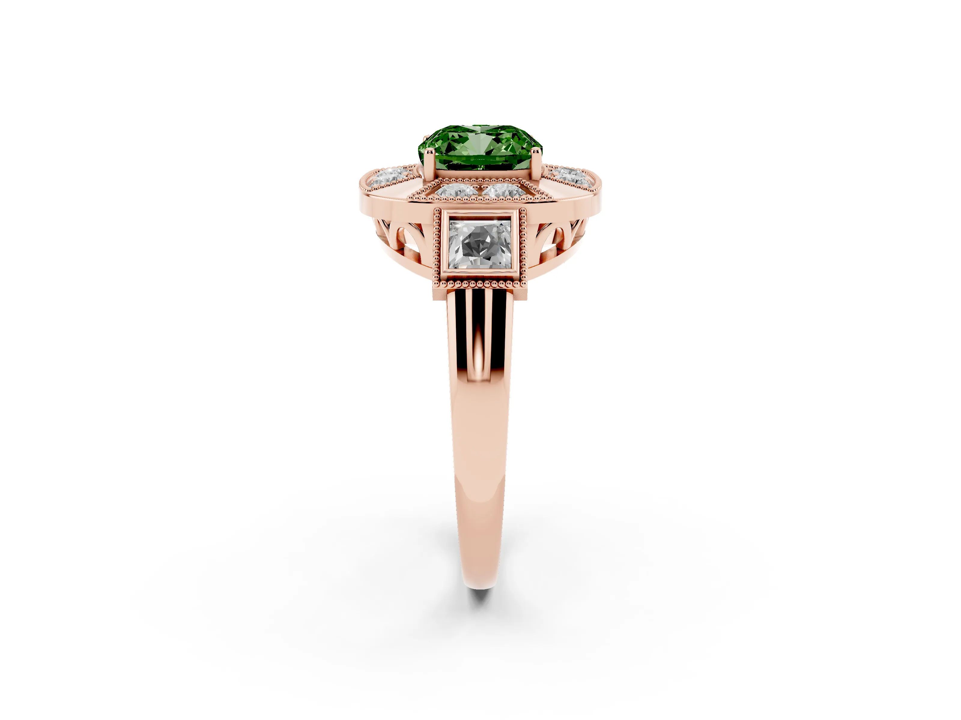 Fancy Green Cushion Cut Diamond Milgrain Halo Ring Set in Rose gold with Split Shank