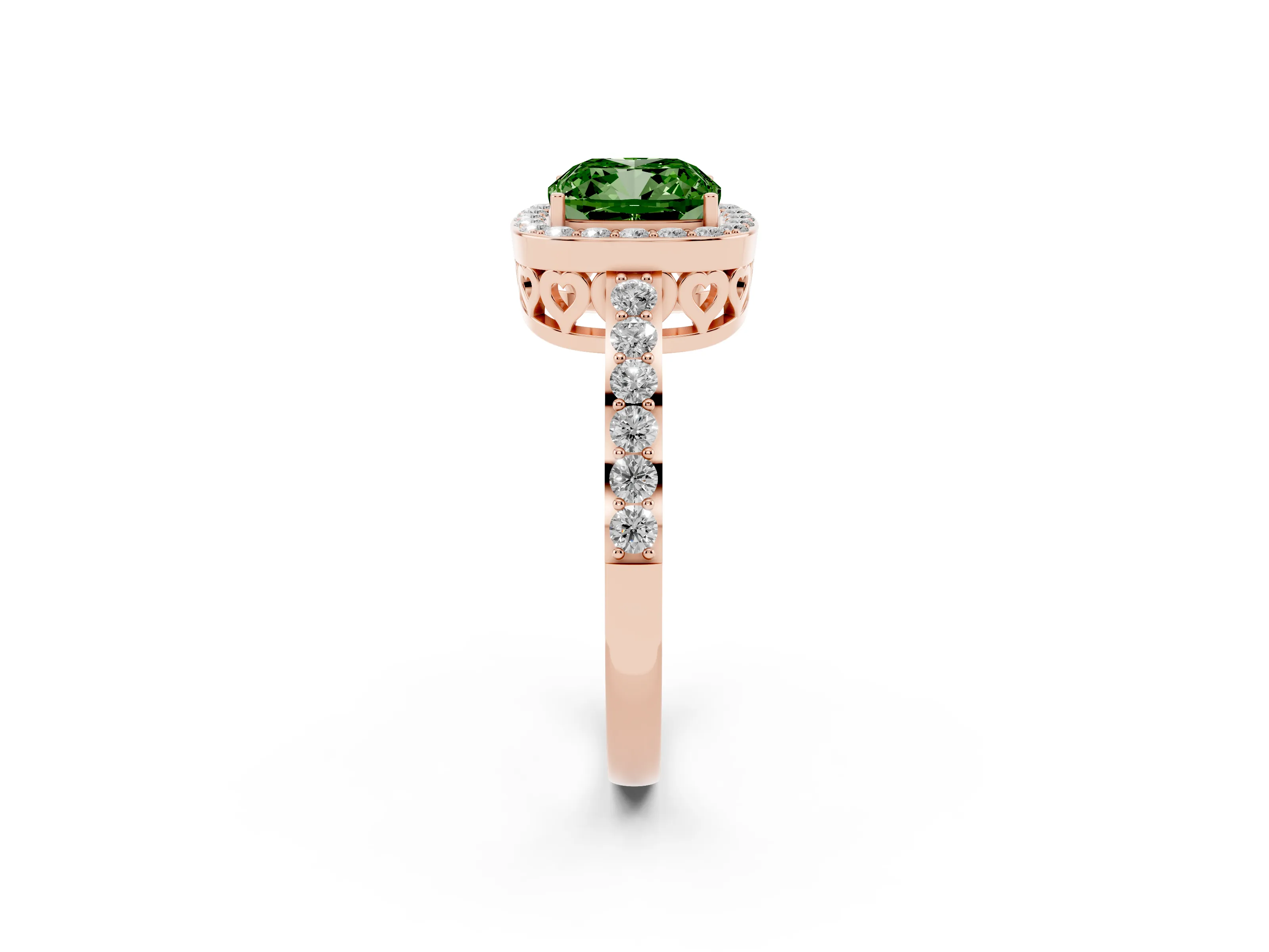 Fancy Green Cushion Cut Diamond Halo Ring Set in Rose gold with Pavé-Setting Band and Open Prong Center