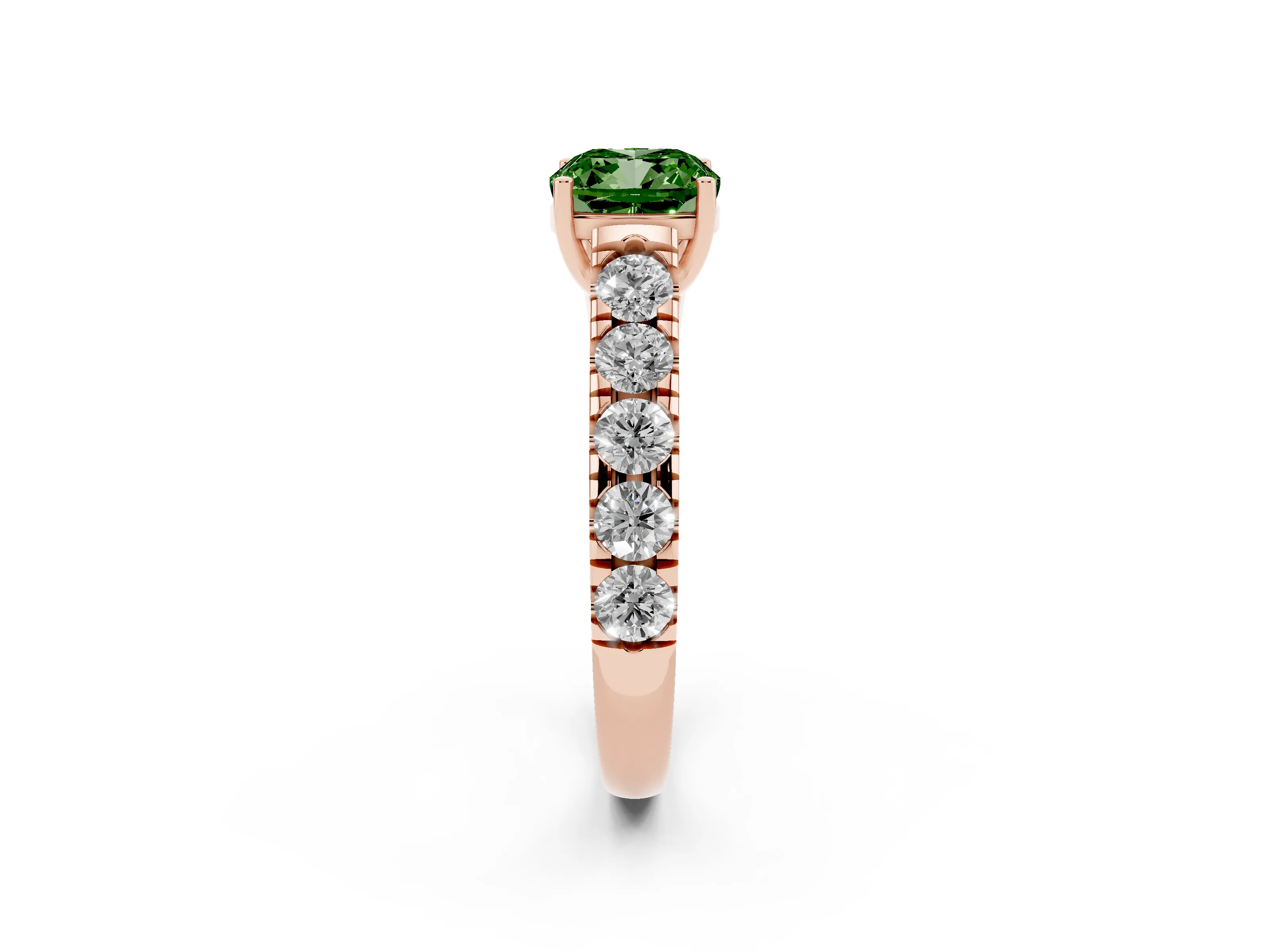 Fancy Green Cushion Cut Diamond Solitaire Ring Set in Rose gold with Cut-Down Micro Pavé Band and Prong Setting