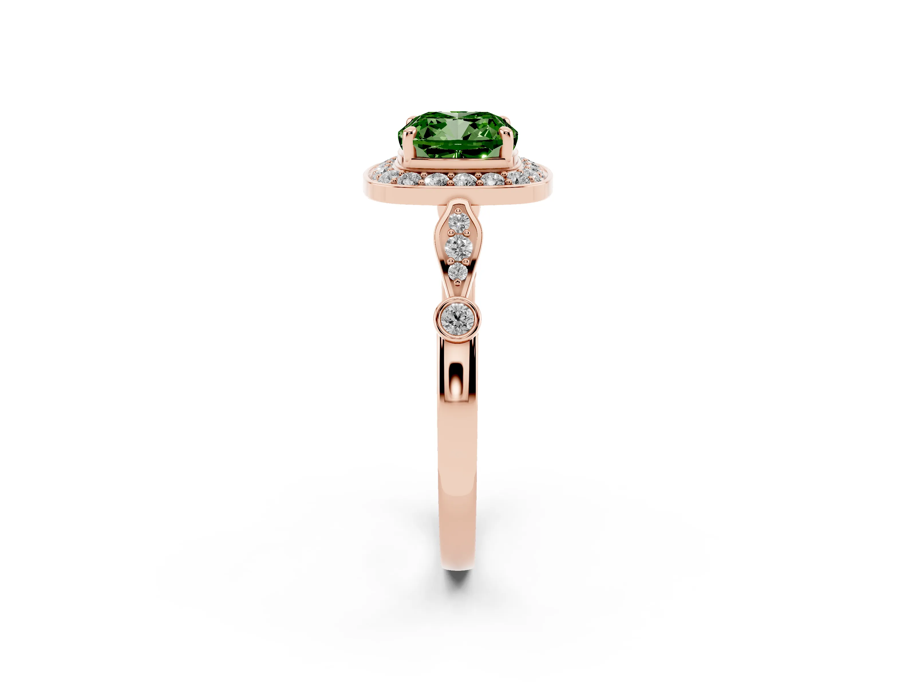 Fancy Green Cushion Cut Diamond Halo Engagement Ring Set in Rose gold with Twisted Band and Prong Setting