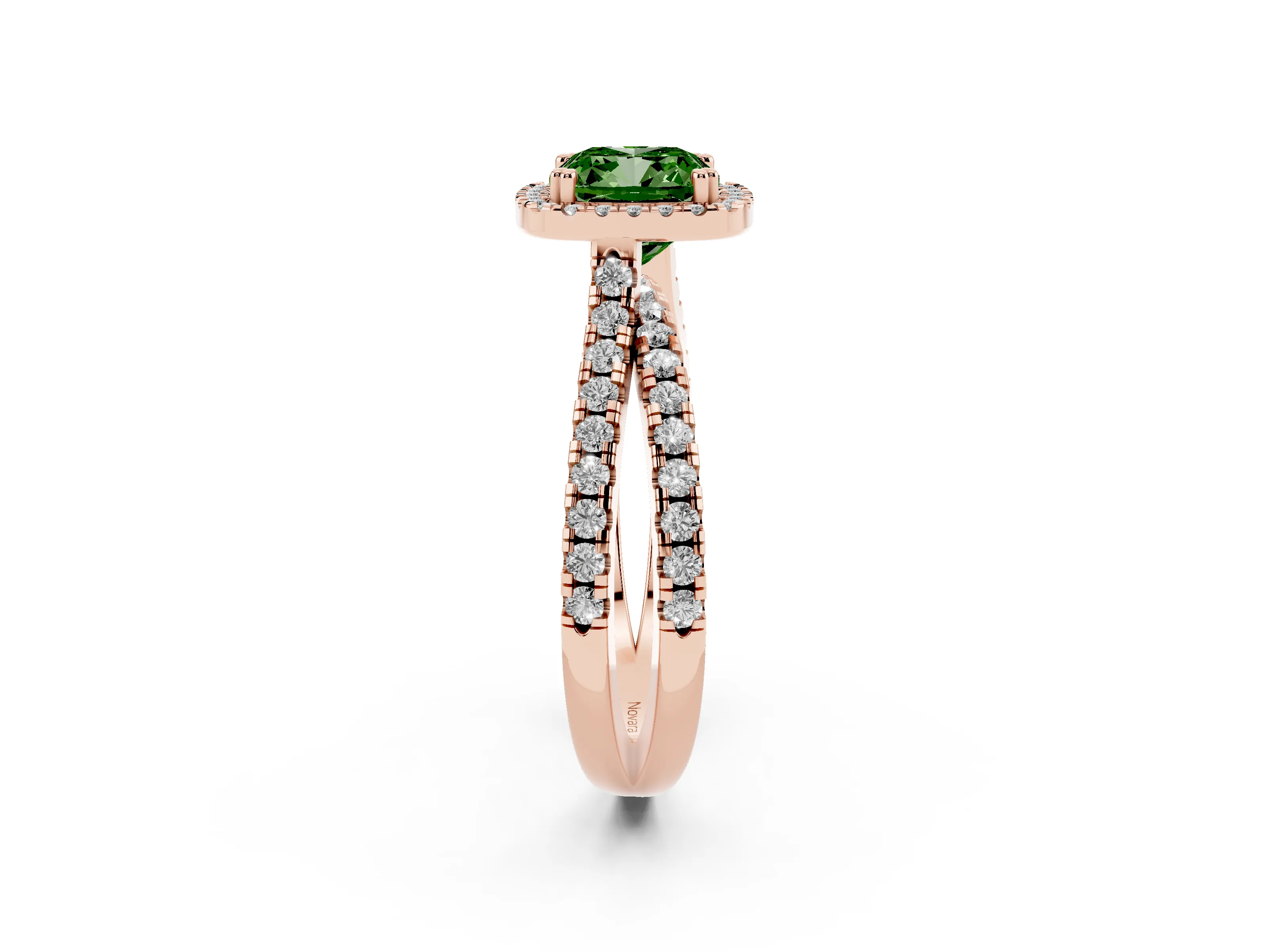 Fancy Green Cushion Cut Diamond Halo Split Shank Ring Set in Rose gold with Pavé Setting
