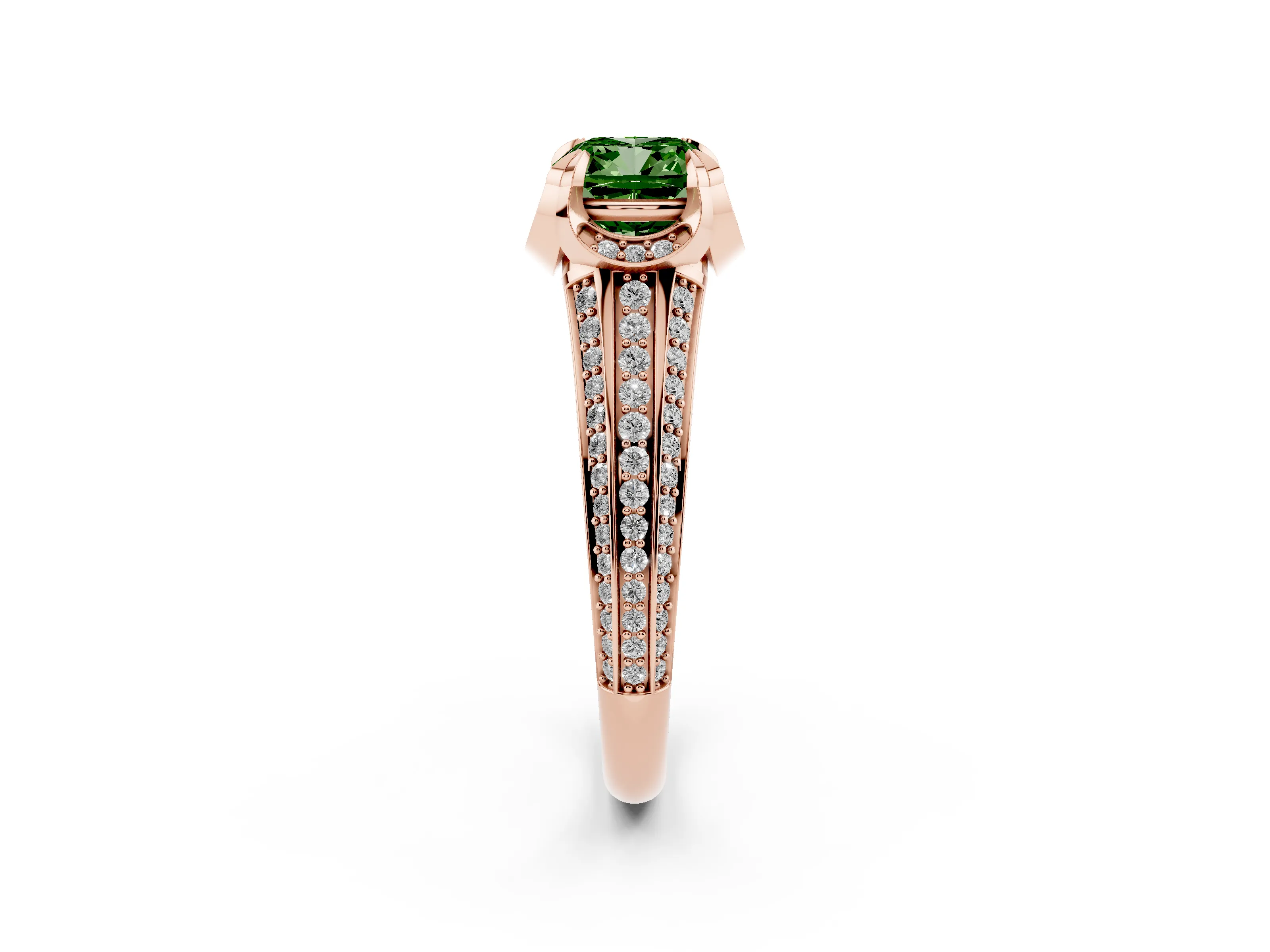 Fancy Green Cushion Cut Diamond Pavé Split Shank Solitaire Ring Set in Rose gold with Prong Setting