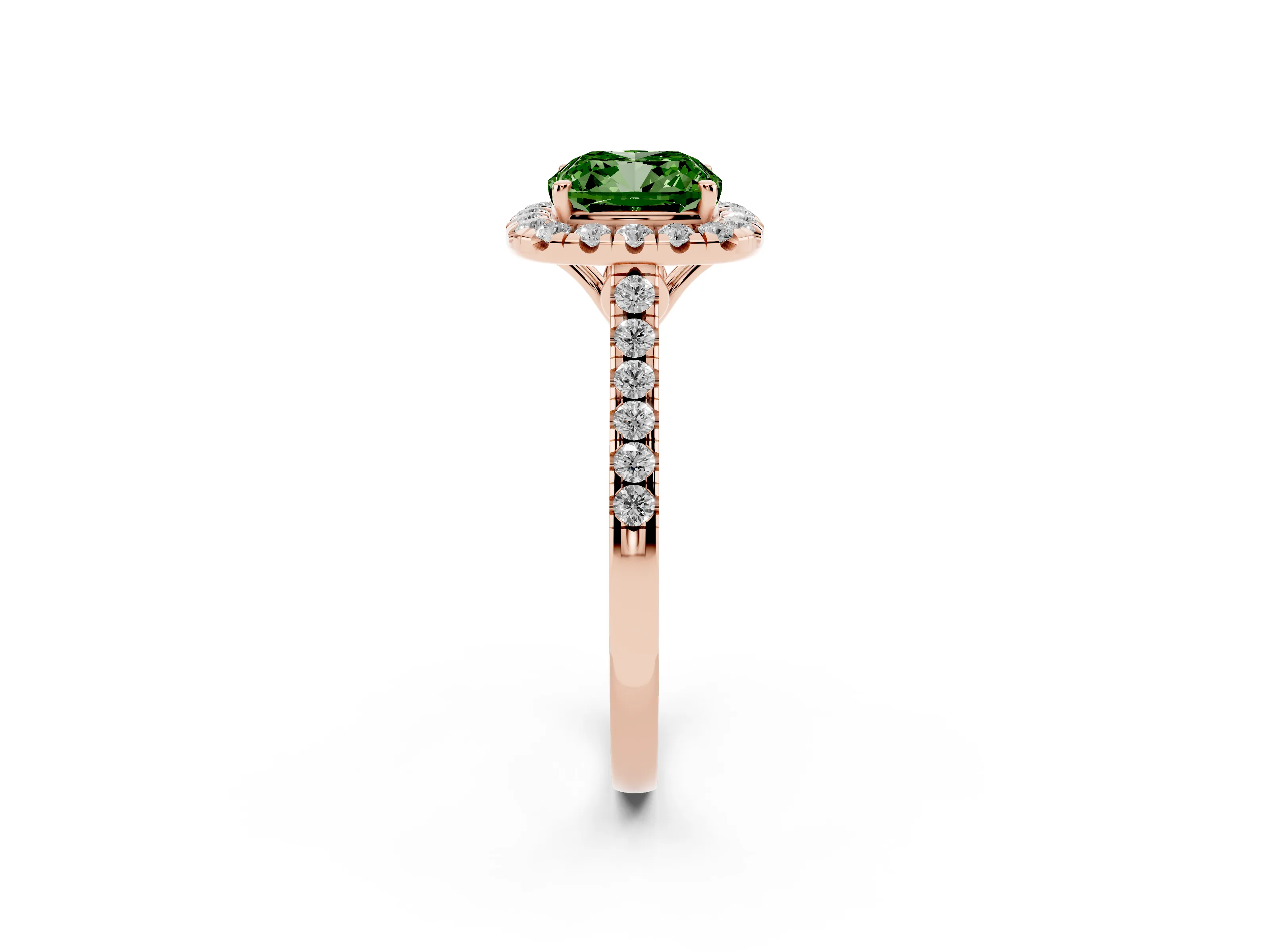 Fancy Green Cushion Cut Diamond Pavé Halo Engagement Ring Set in Rose gold with Pavé Band and Prong Setting