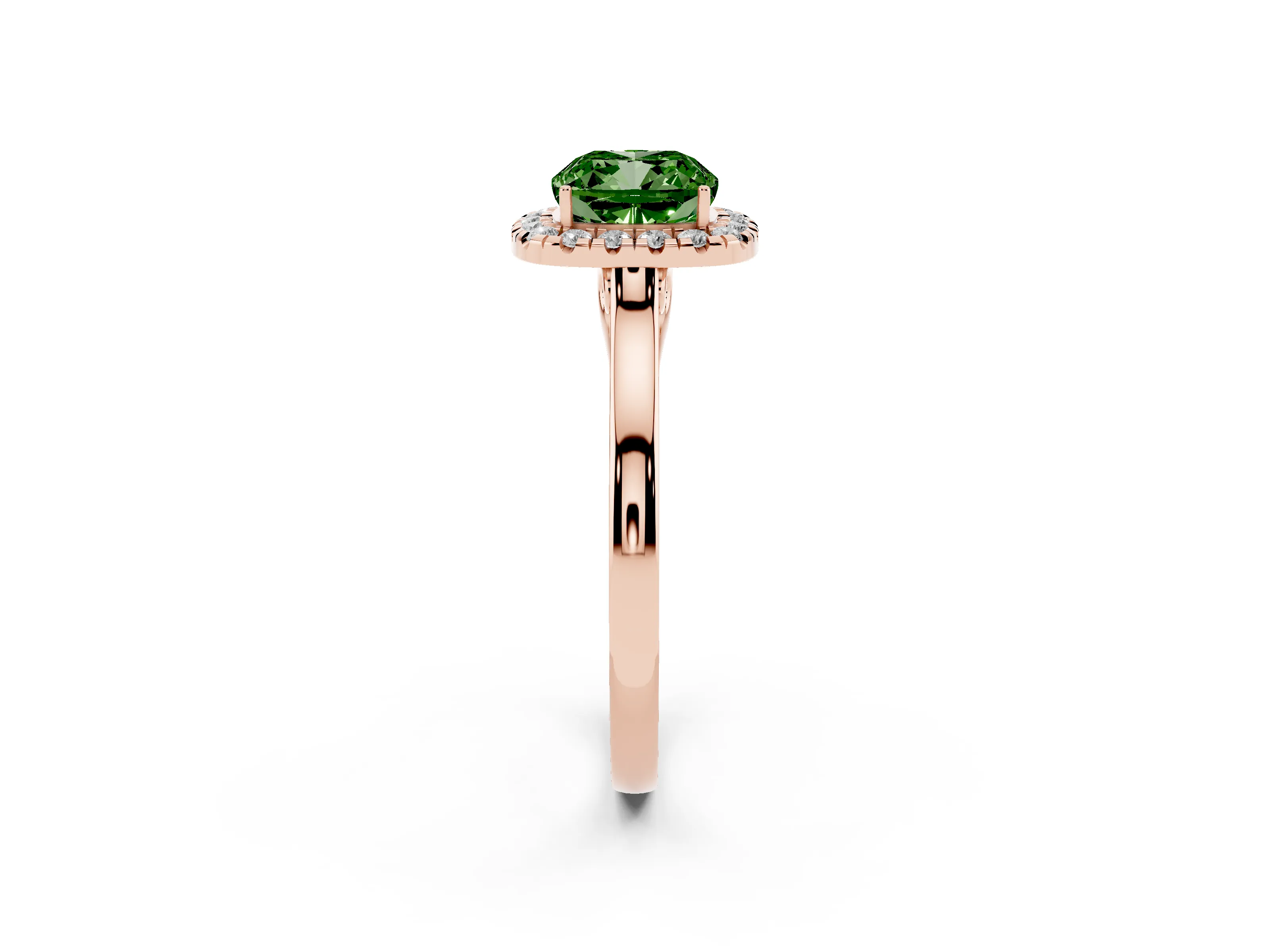 Fancy Green Cushion Cut Halo Round Diamond Solitaire Ring Set in Rose gold with Pavé Band and Prong Setting