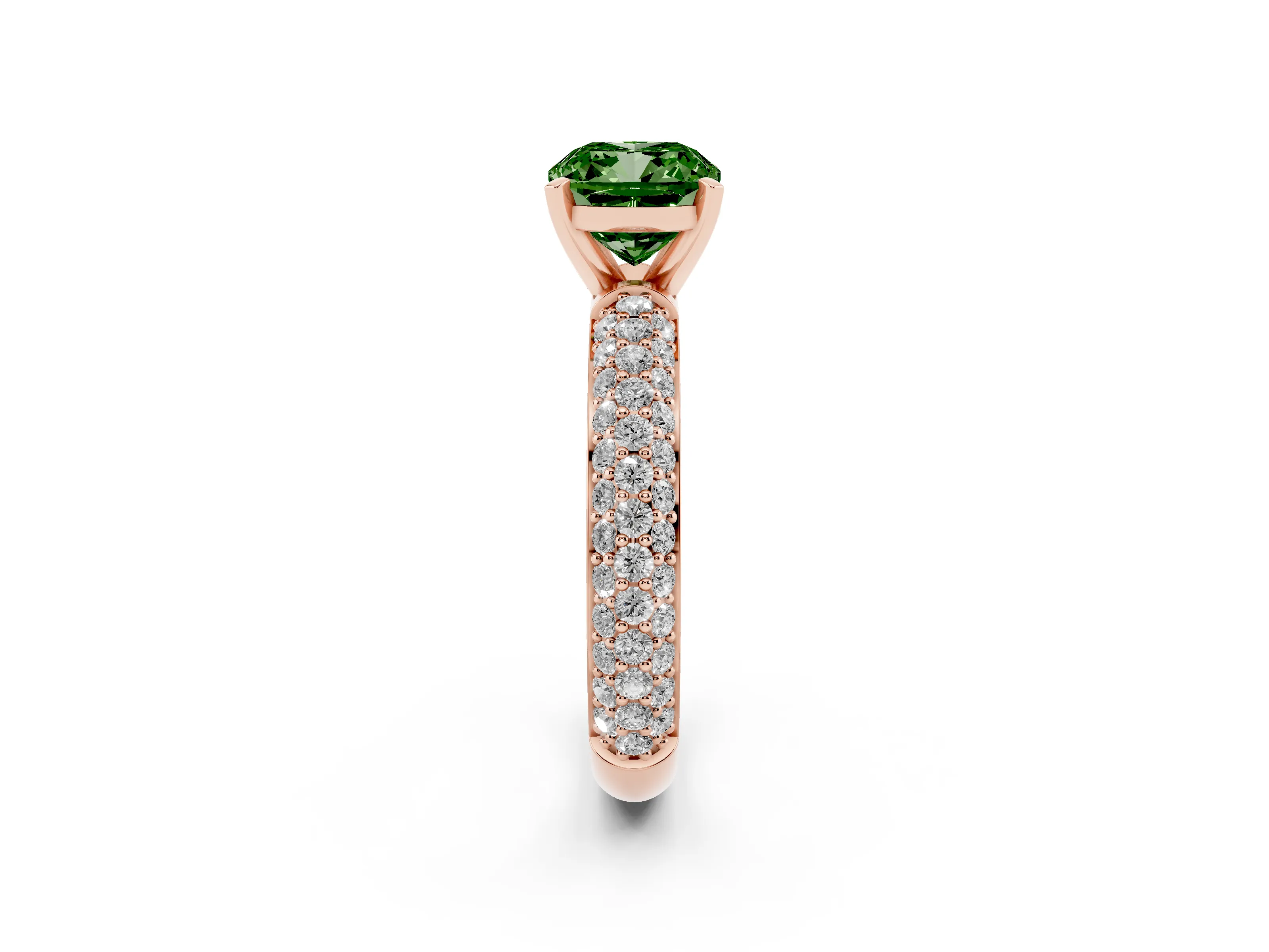 Fancy Green Cushion Cut Diamond Solitaire Ring Set in Rose gold with Prong Setting and Pavé-Set Band