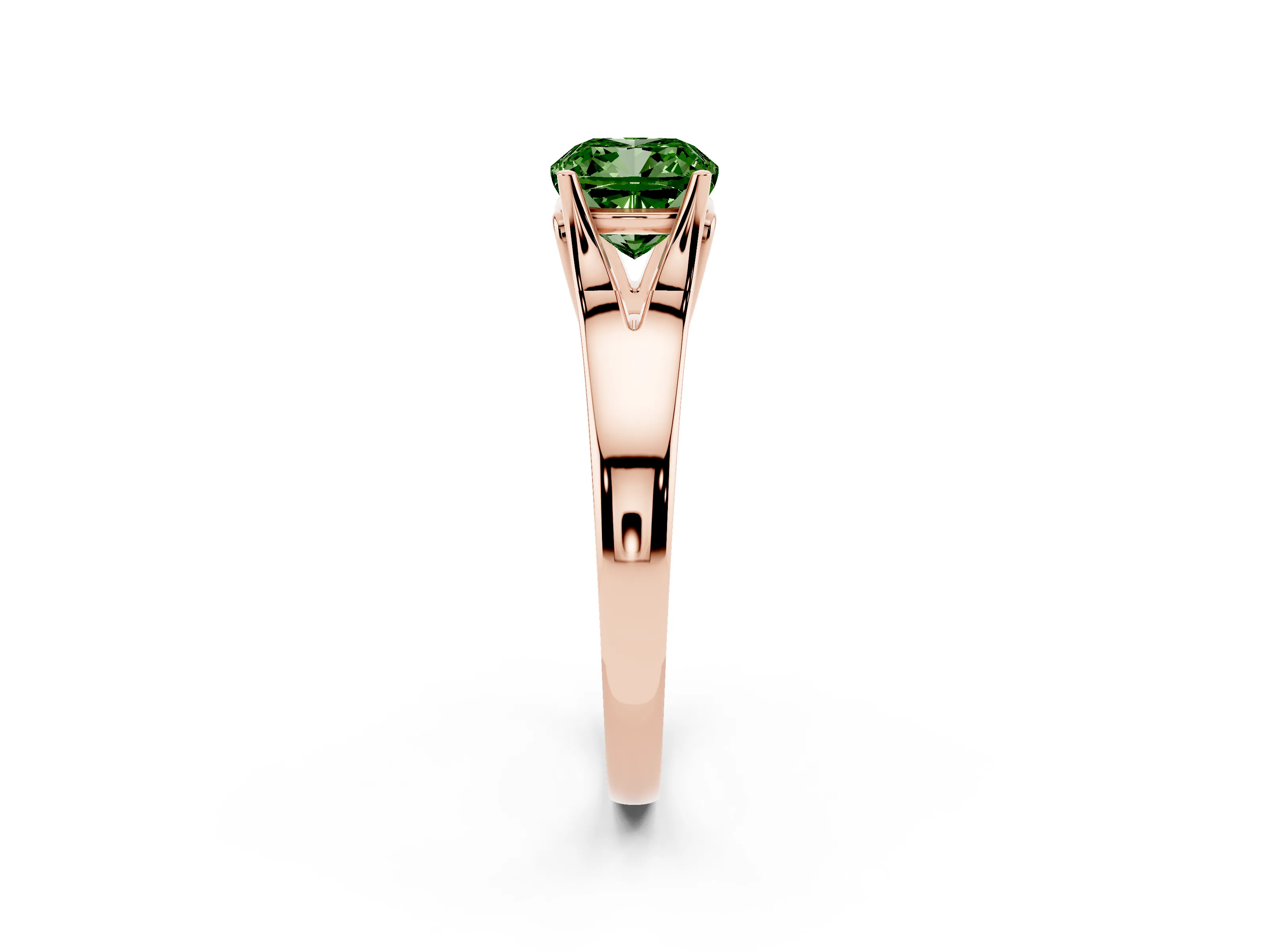Fancy Green Cushion Cut Diamond Solitaire Ring Set in Rose gold with Arched Cathedral Band and Prong Setting