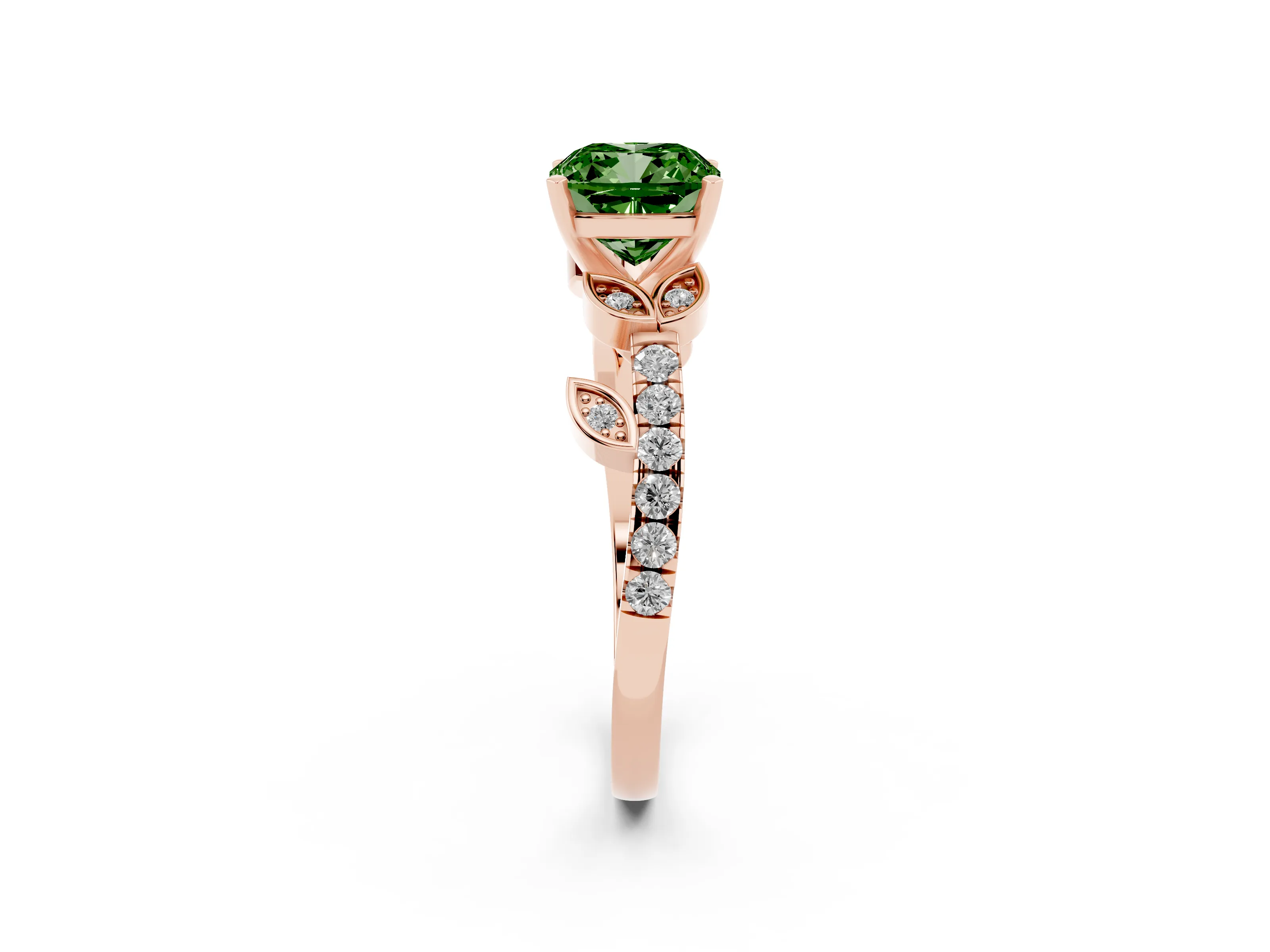 Fancy Green Cushion Cut Diamond Solitaire Leaf-Inspired Ring Set in Rose gold with Pavé Band and Prong Setting