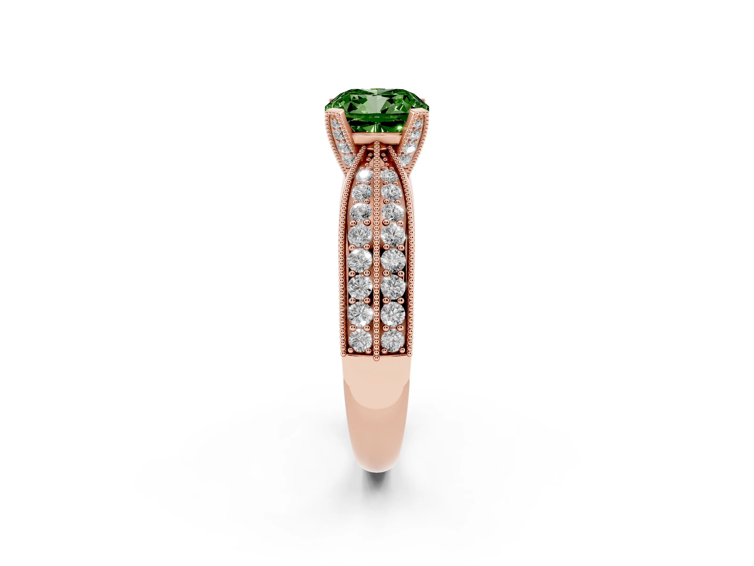 Fancy Green Cushion Cut Diamond Solitaire Ring Set in Rose gold with Milgrain Double Row Round Pavé Band