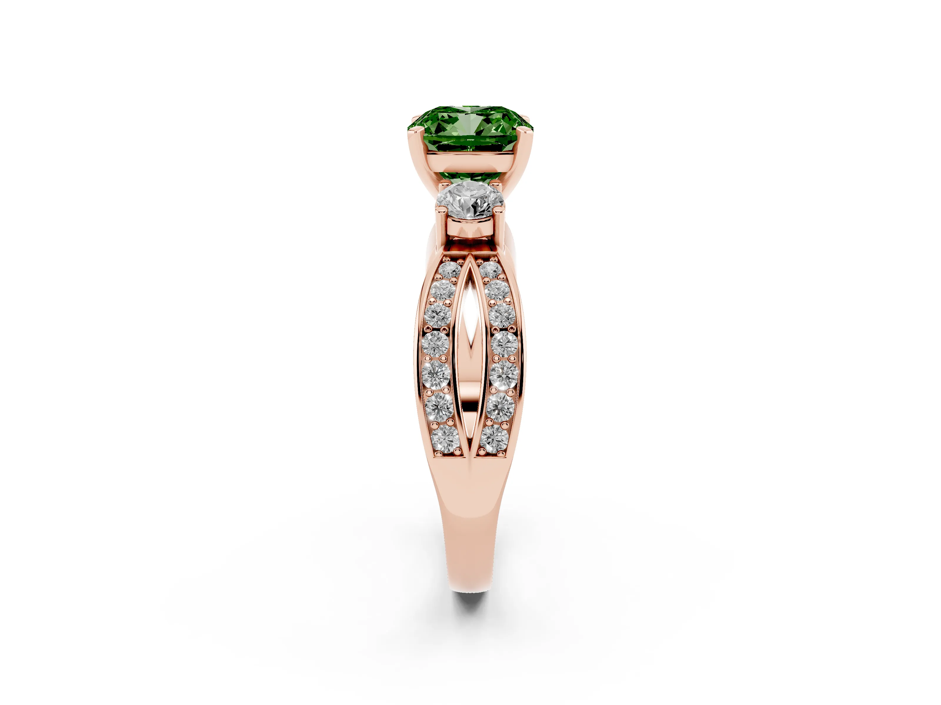 Fancy Green Three-Stone Cushion Cut Diamond Twist Band Ring Set in Rose gold with Pavé Accents and Prong Setting
