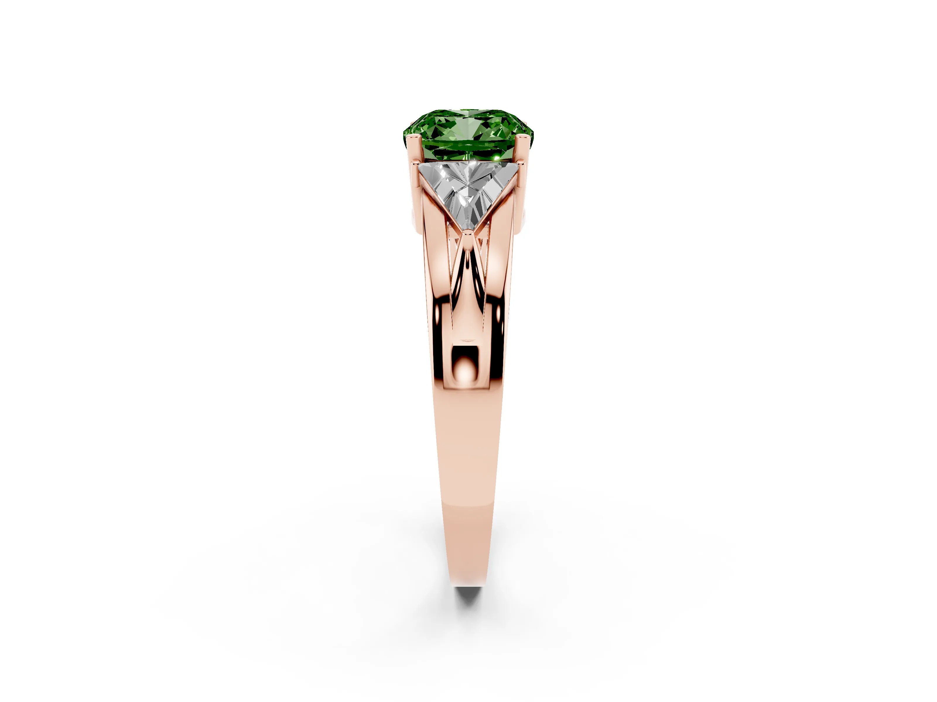 Fancy Green Cushion Cut Diamond Three-Stone Ring Set in Rose gold with Trillion Side Stones and Split Shank