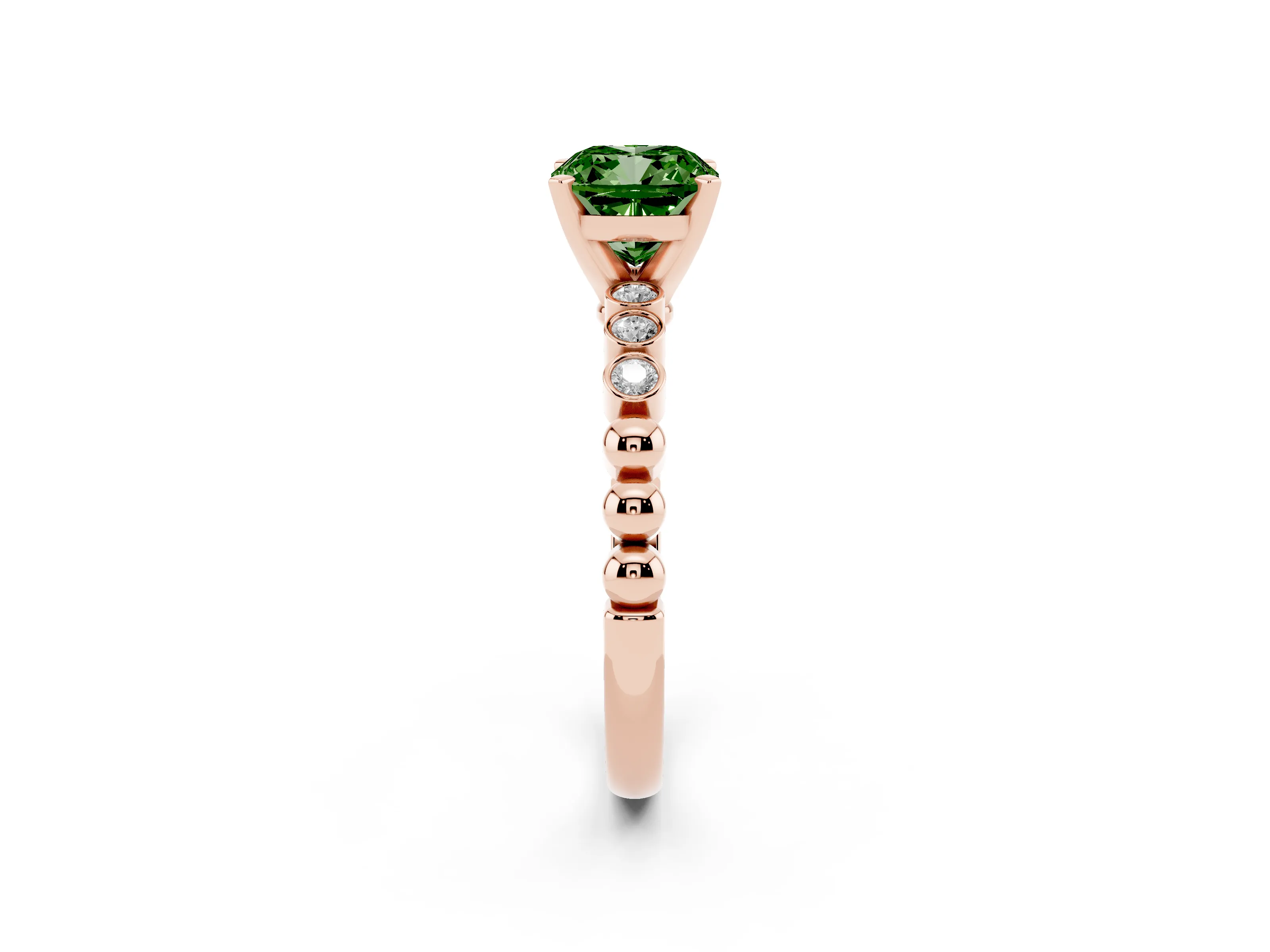Fancy Green Cushion Cut Diamond Solitaire Engagement Ring Set in Rose gold with Bezel Accents on Beaded Band