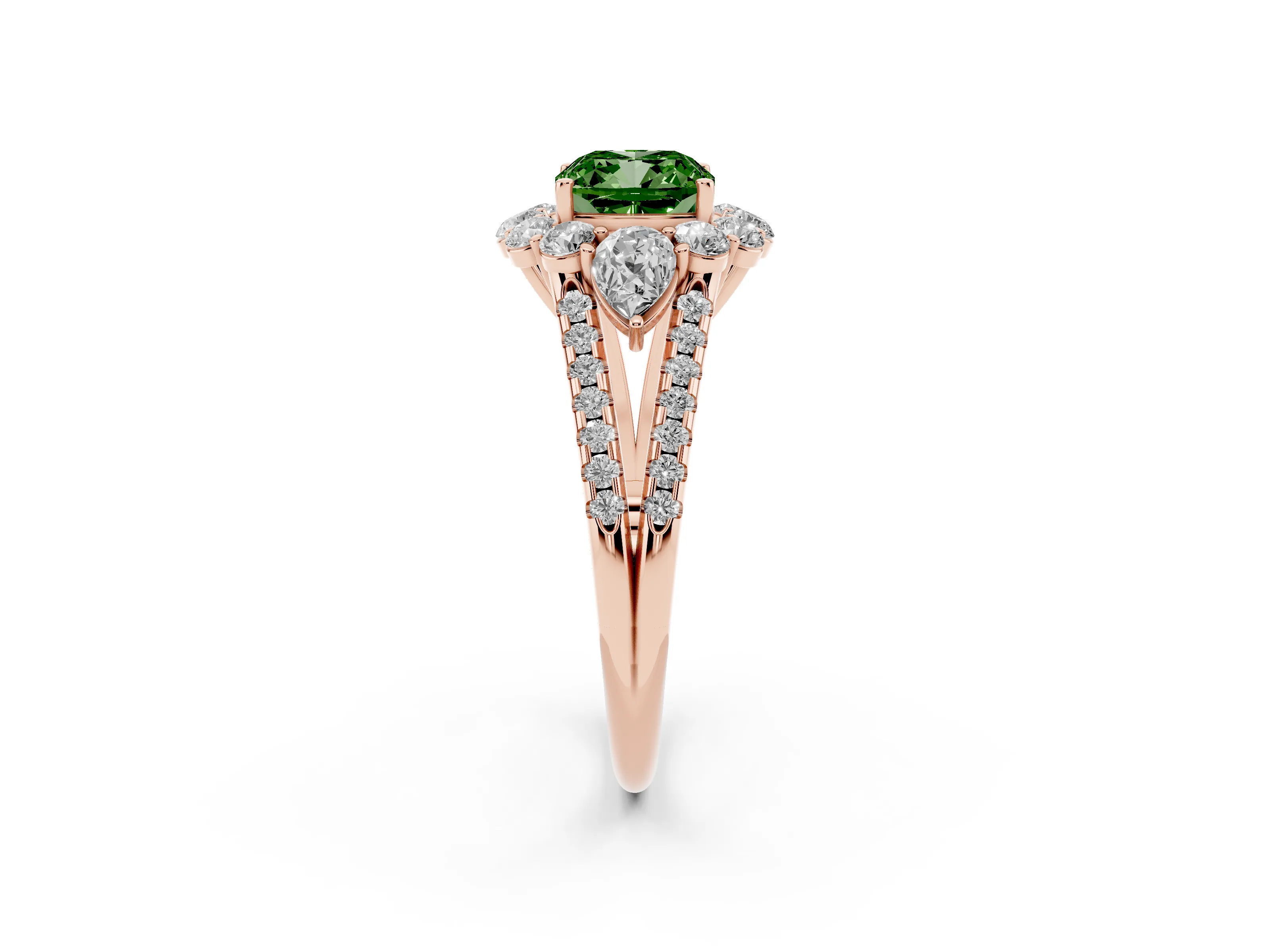 Fancy Green Cushion Cut Diamond Halo Split Shank Engagement Ring Set in Rose gold with Prong-Held Center Stone