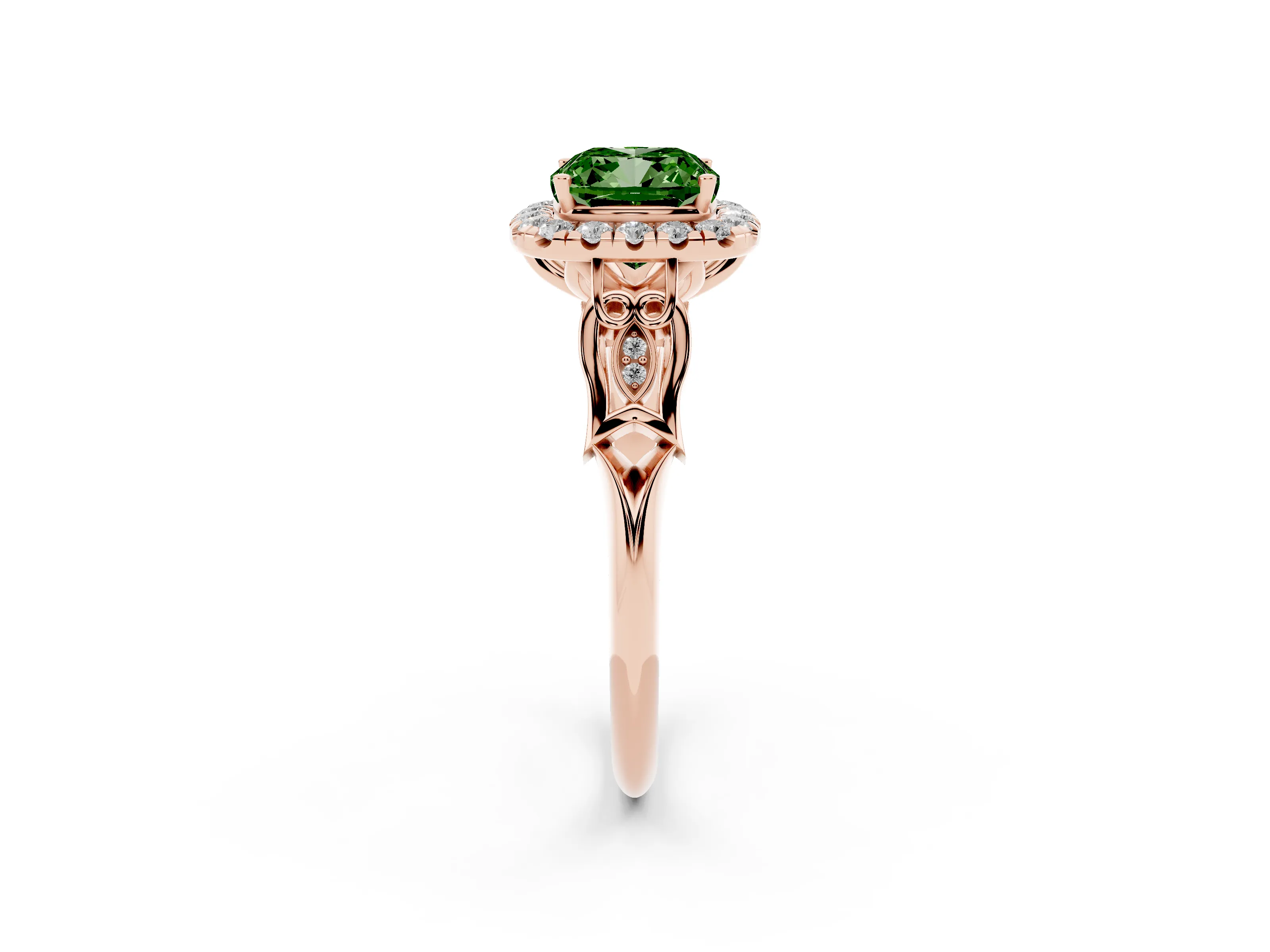 Fancy Green Cushion Cut Diamond Halo Engagement Ring Set in Rose gold with Filigree Band and Prong-Set Center
