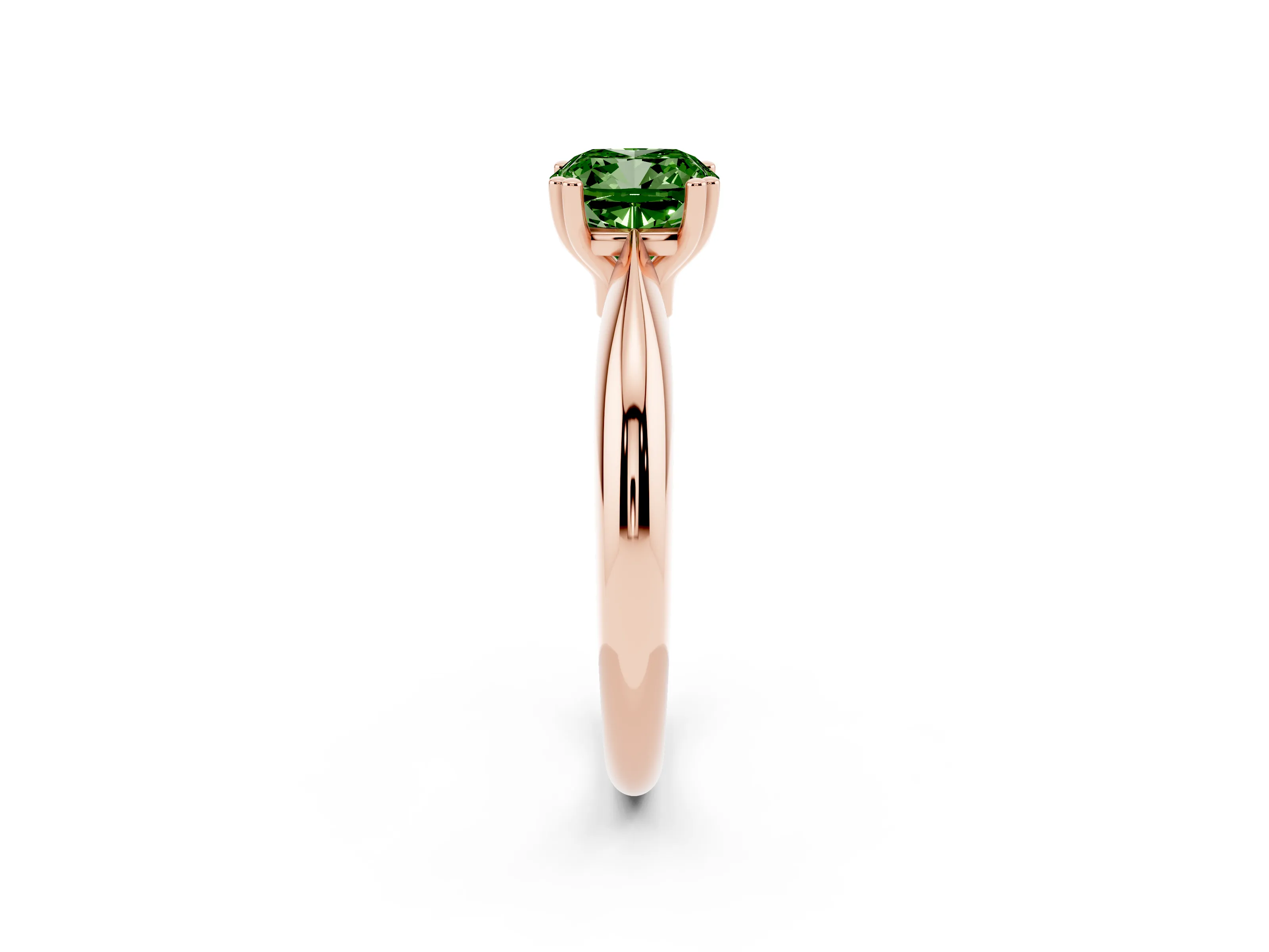 Fancy Green Cushion Cut Diamond Solitaire Engagement Ring Set in Rose gold with Tapered Band and Prong Setting