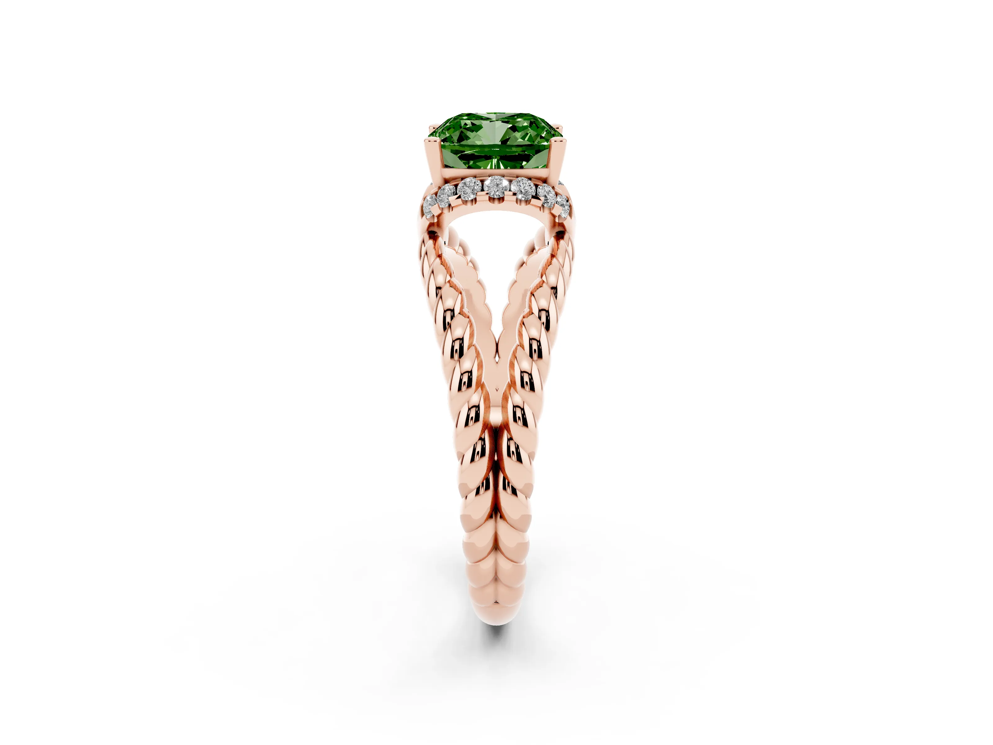 Fancy Green Cushion Cut Diamond Halo Ring Set in Rose gold with Twisted Band and Prong Setting