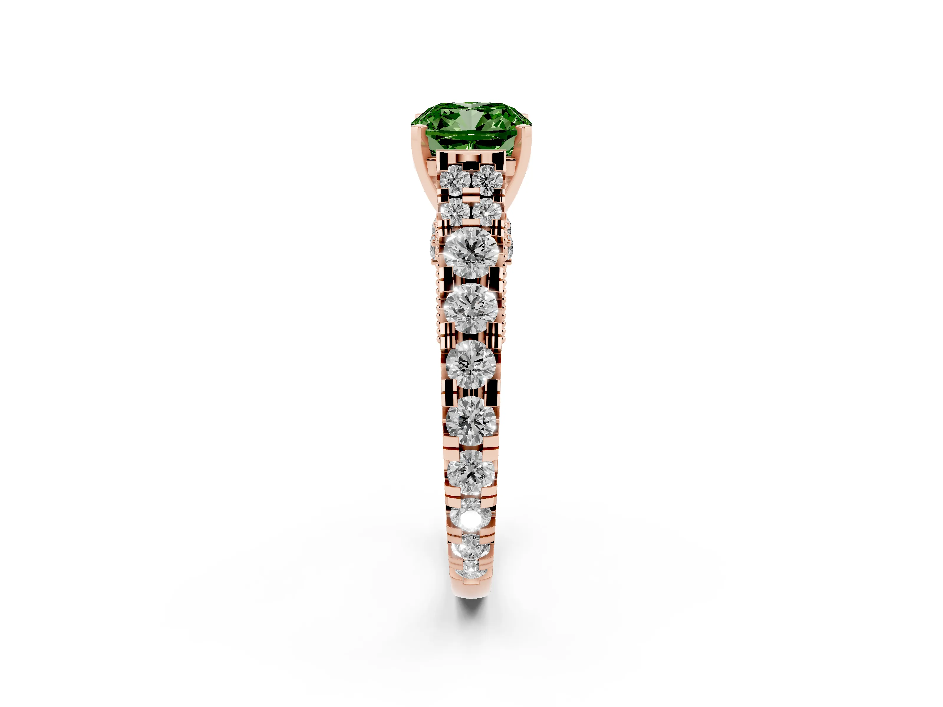 Fancy Green Cushion Cut Diamond Classic Solitaire Ring Set in Rose gold with Pavé Band and Prong Setting