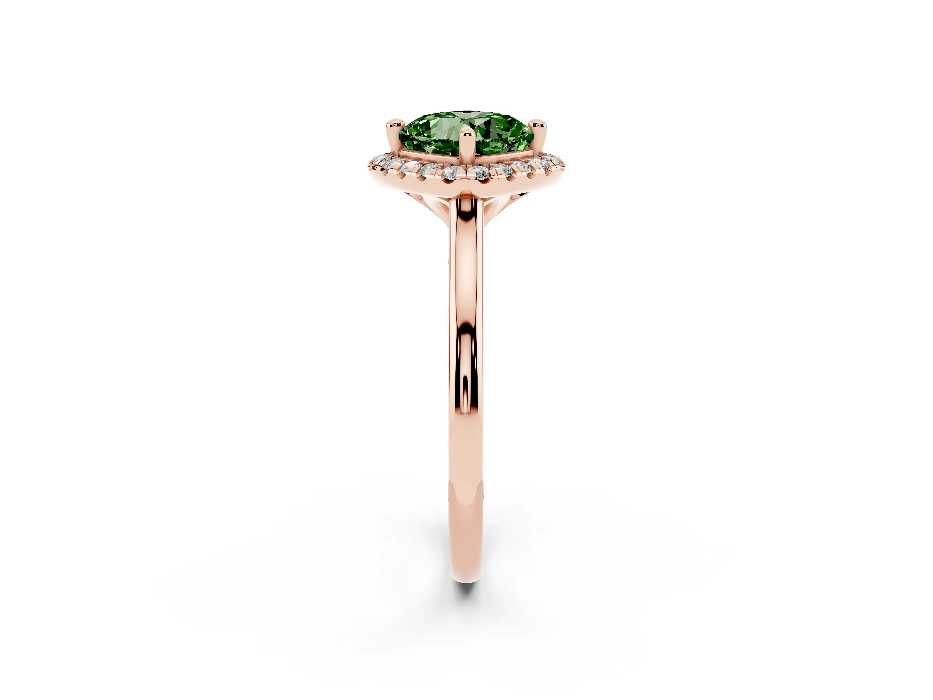 Fancy Green Cushion Cut Diamond Halo Engagement Ring Set in Rose gold with Pavé Band and Rising Shoulders