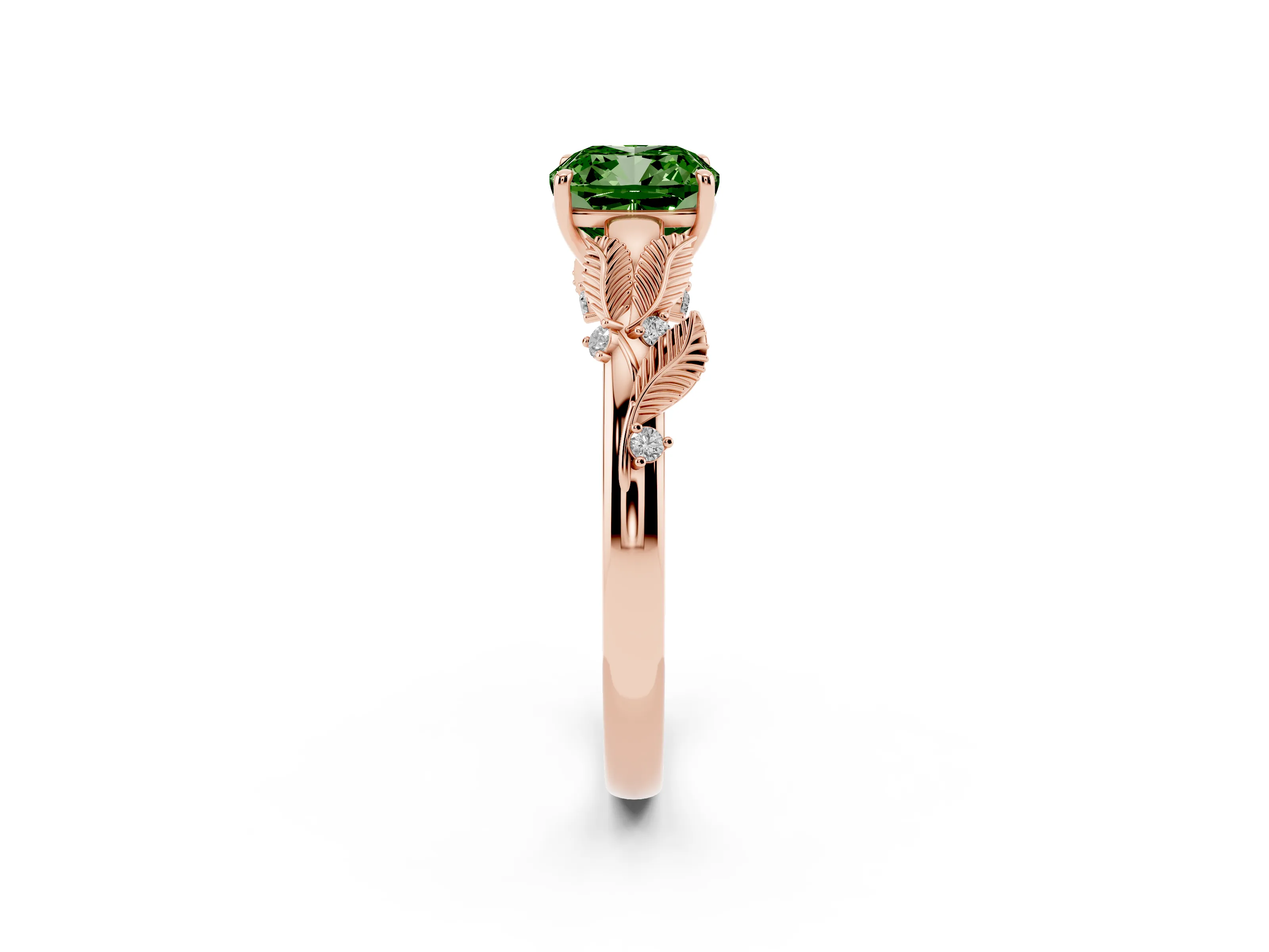 Fancy Green Cushion Cut Diamond Solitaire Ring Set in Rose gold with Leaf Motif Band