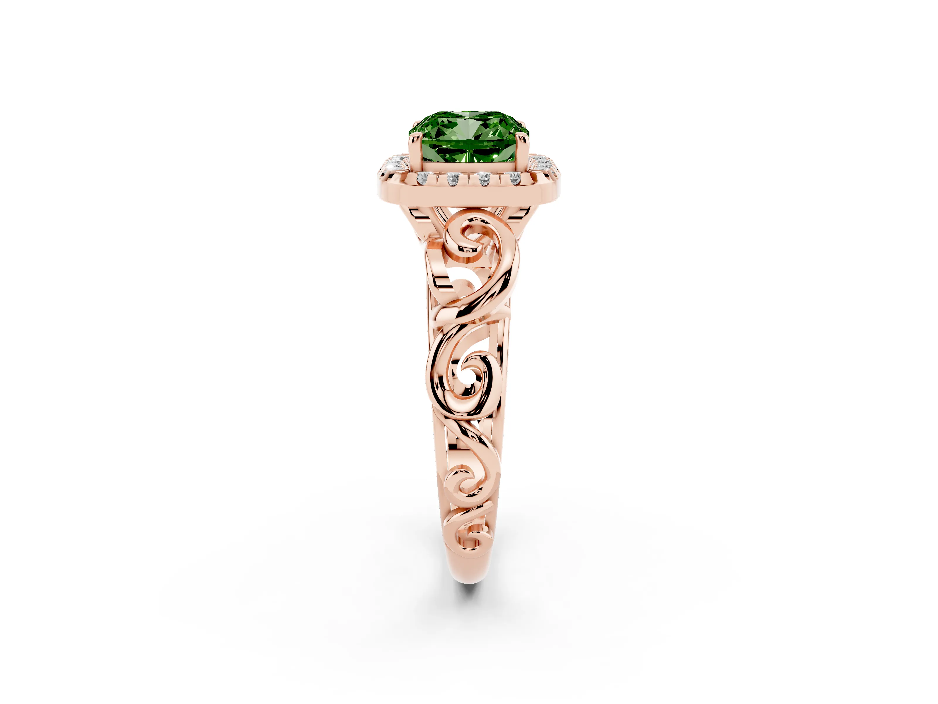 Fancy Green Cushion Cut Diamond Halo Ring Set in Rose gold with Scrollwork Band and Prong Setting