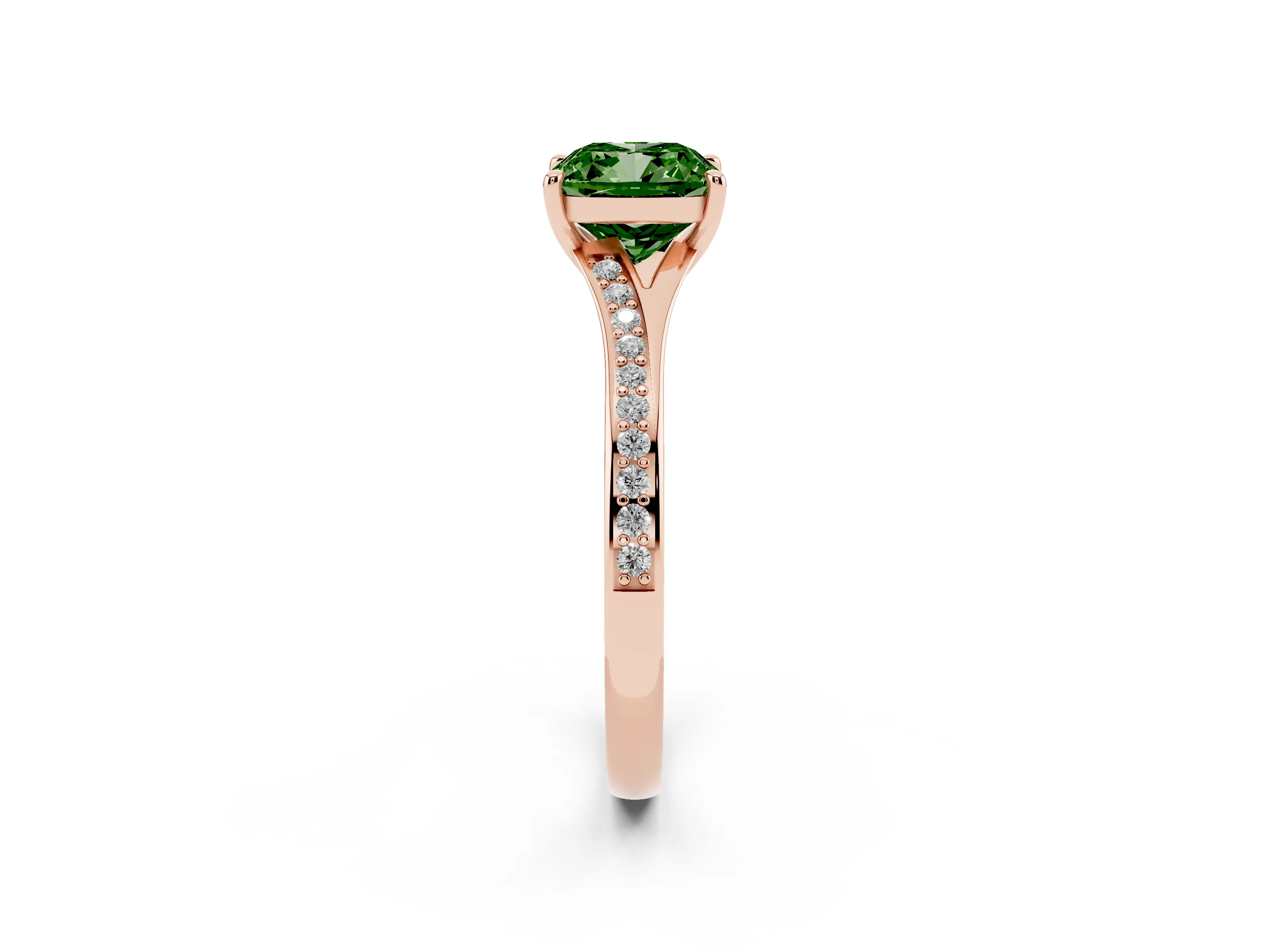 Fancy Green Cushion Cut Diamond Solitaire Ring Set in Rose gold with Pavé Accent Band and Classic Prong Setting