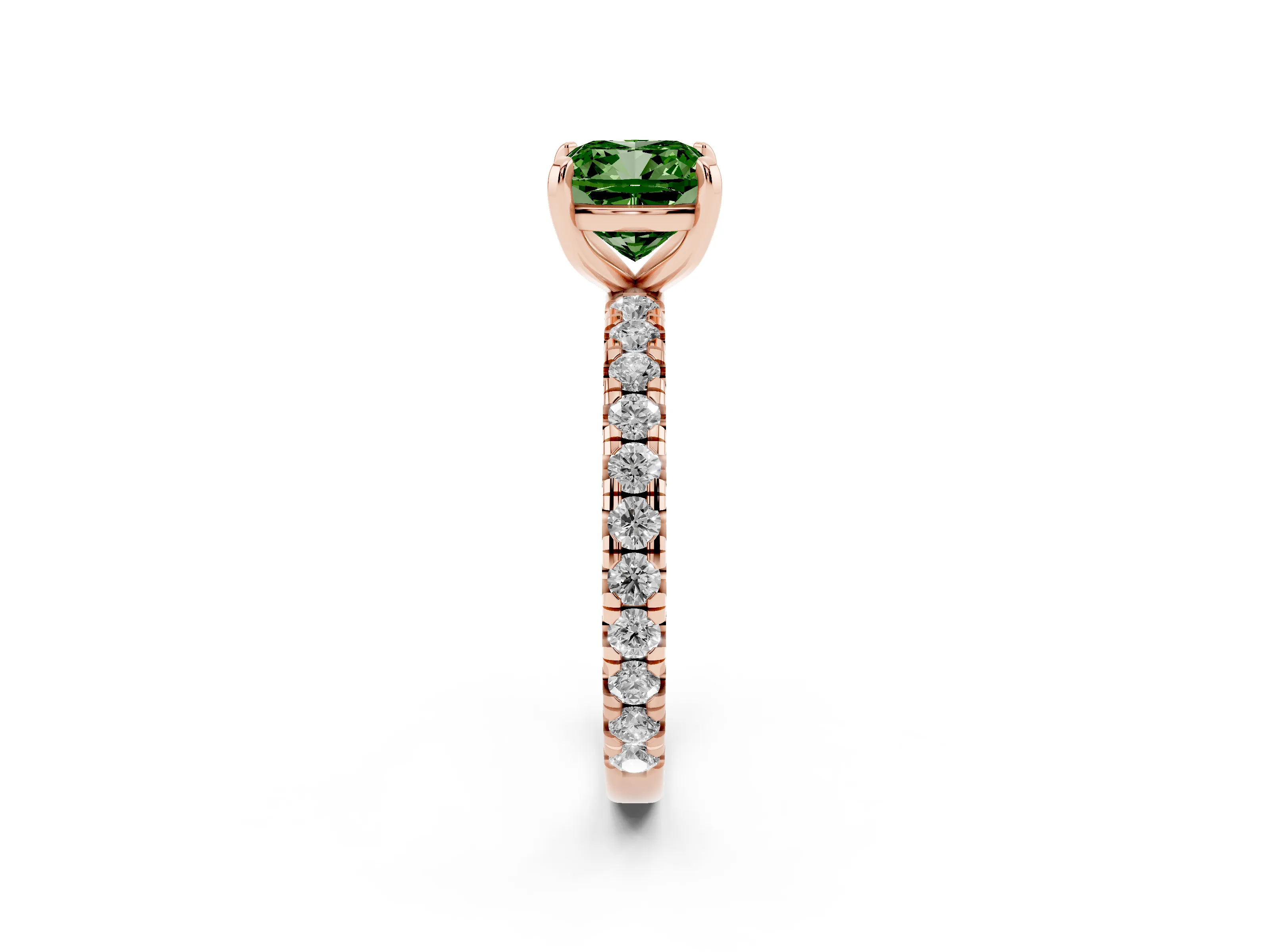Fancy Green Cushion Cut Diamond Pavé Solitaire Ring Set in Rose gold with Round Band and Prong Setting