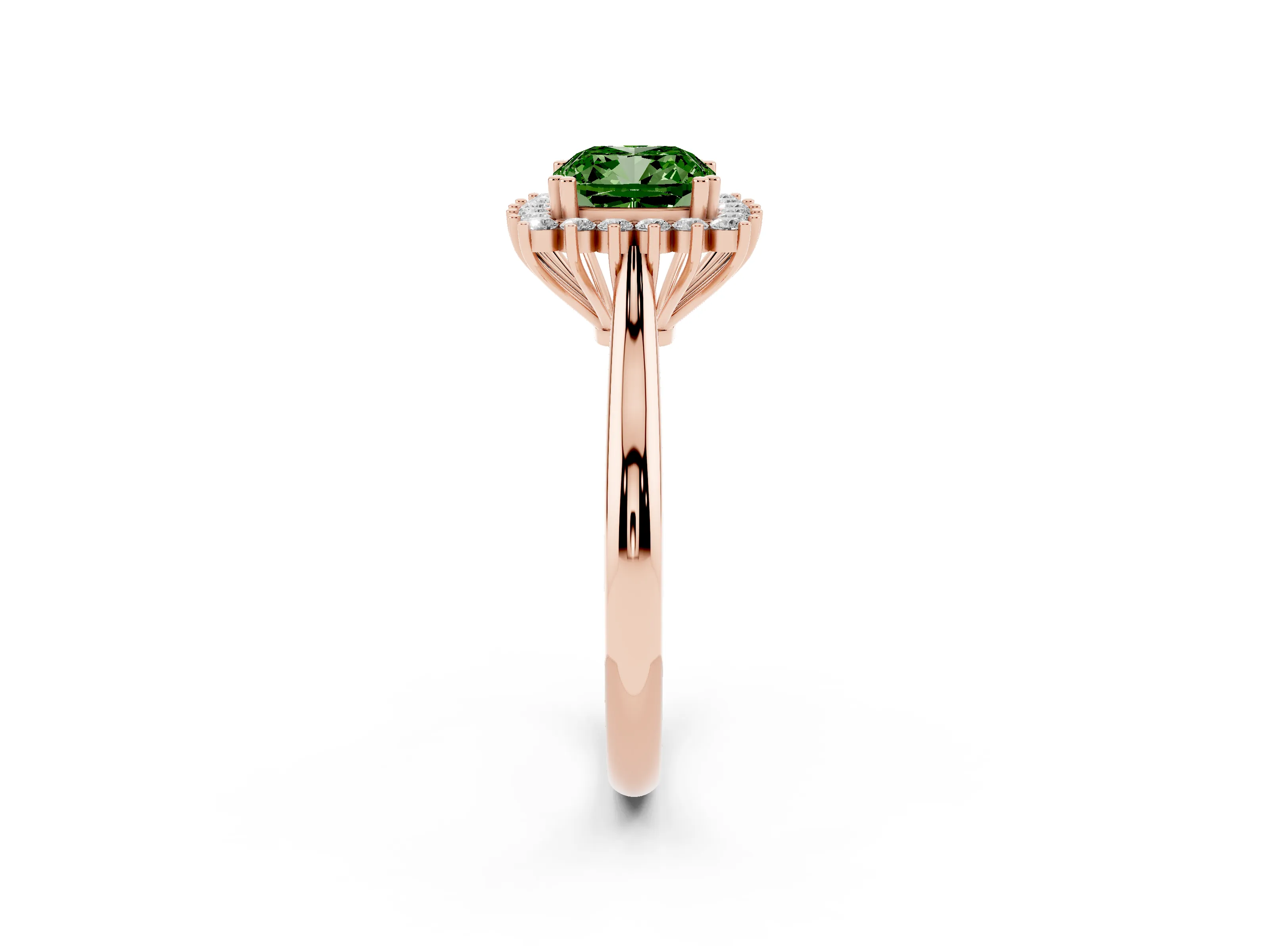 Fancy Green Cushion Cut Diamond Halo Ring Set in Rose gold with Plain Solitaire Band and Prong Setting