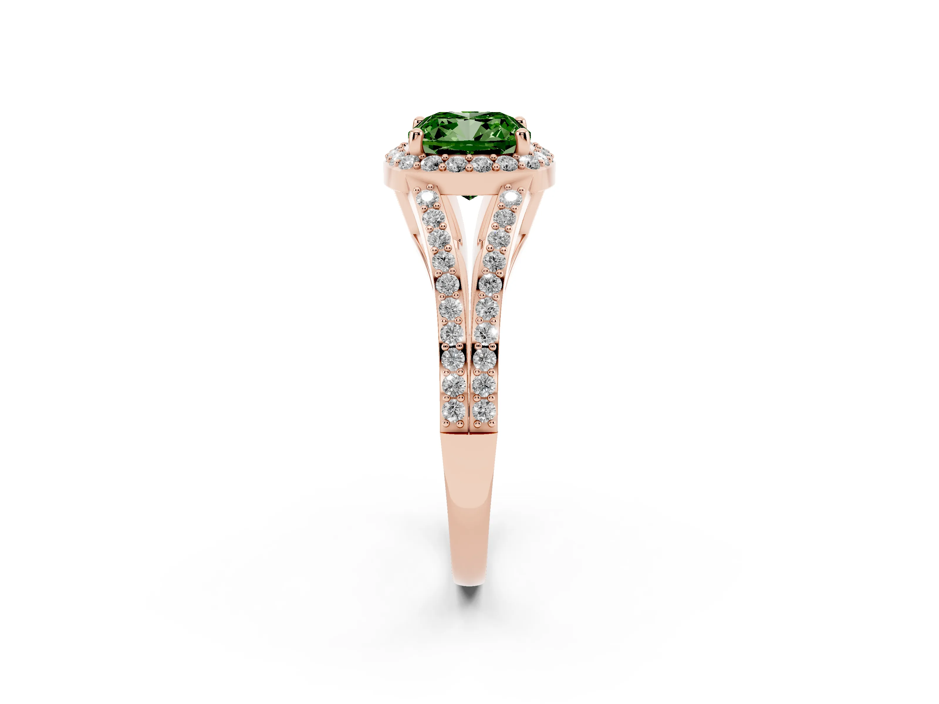 Fancy Green Cushion Cut Diamond Halo Split Shank Ring Set in Rose gold with Accent Stones and Prong Setting